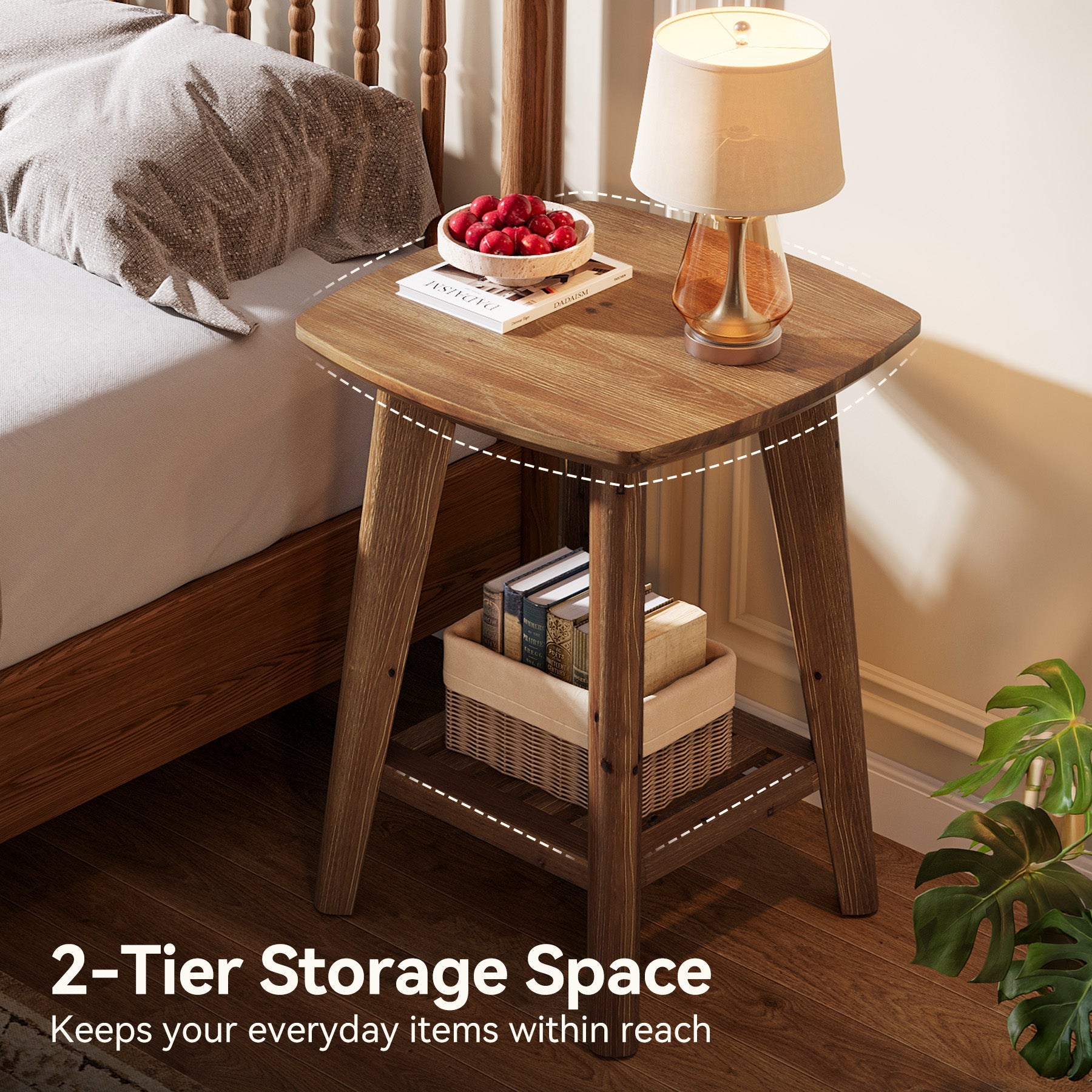 19.69" Square Side Table with 2-Tier Storage Shelf, Solid Wood End Table for Living Room and Sofa Side