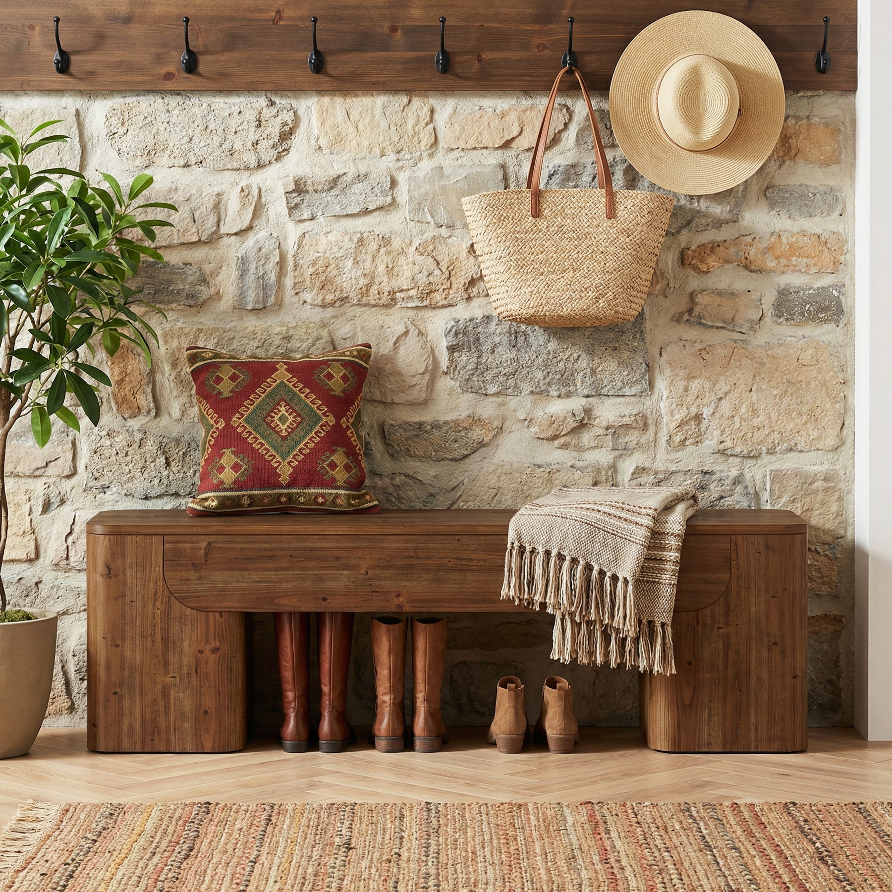 59" Solid Wood Bench, Rustic Heavy Duty Entryway Bench with Sturdy Legs