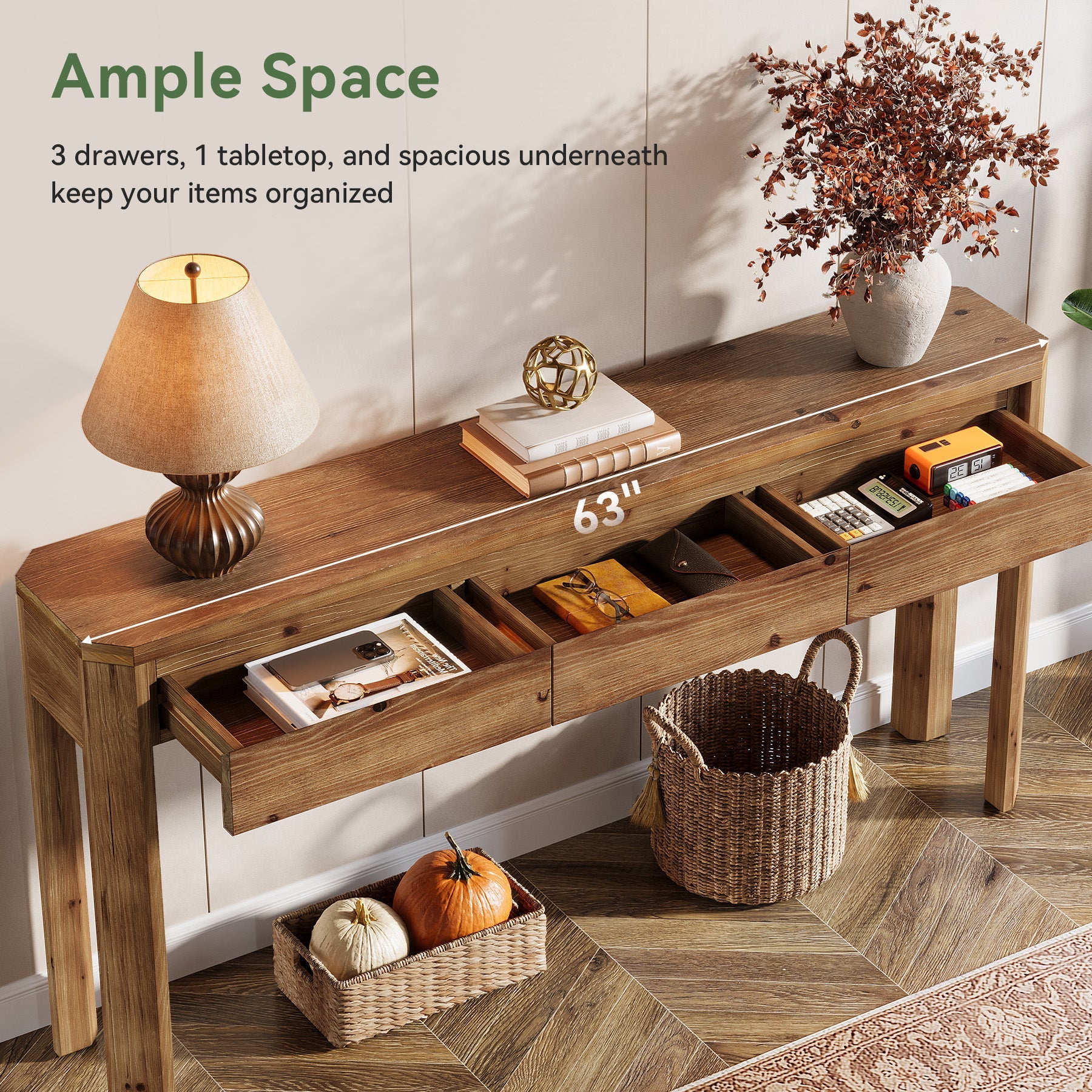 63" Solid Wood Console Table, Farmhouse Entryway Table with 3 Drawers
