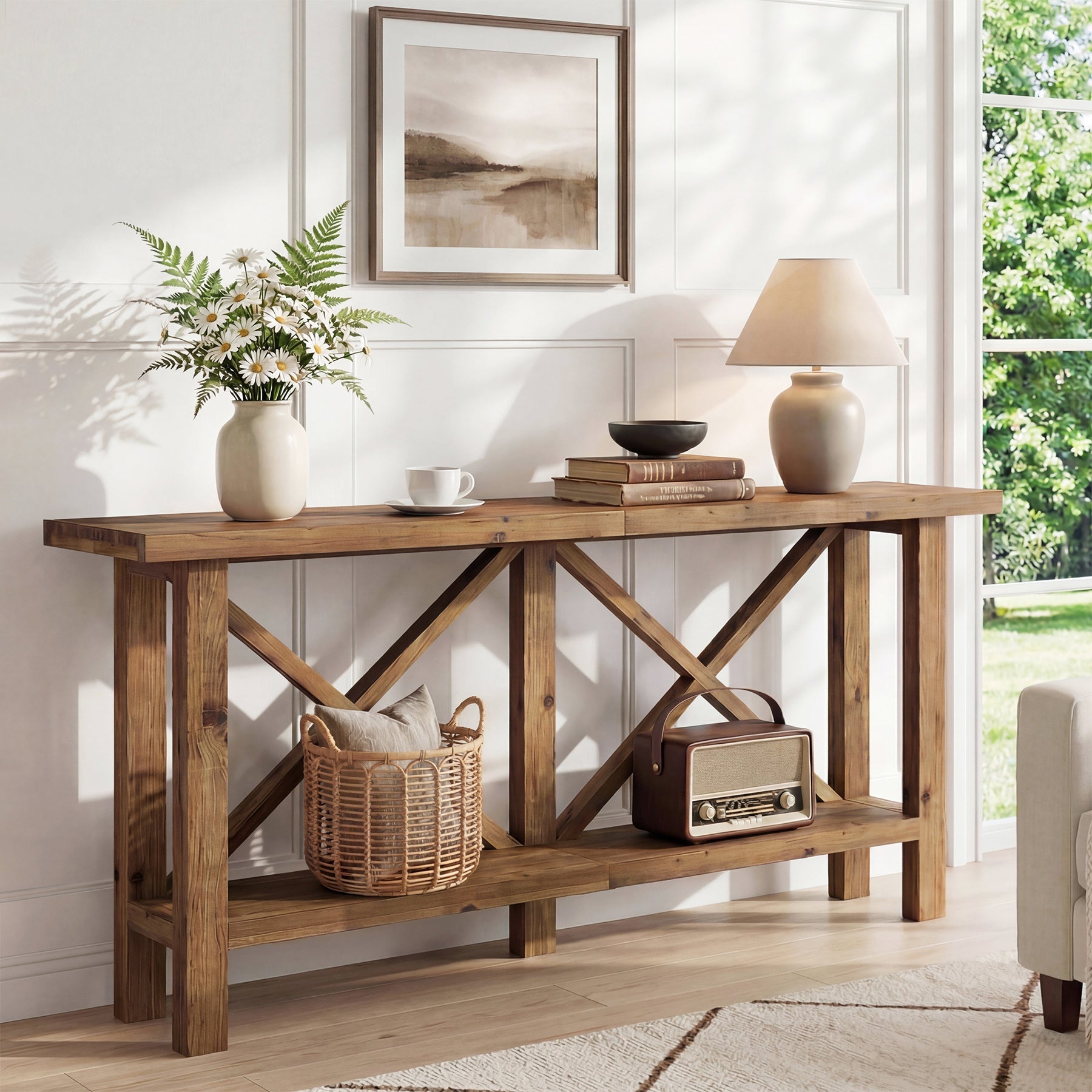 70.87" Solid Wood Console Table with Storage, Farmhouse Narrow Entryway & Sofa Table with X-Frame