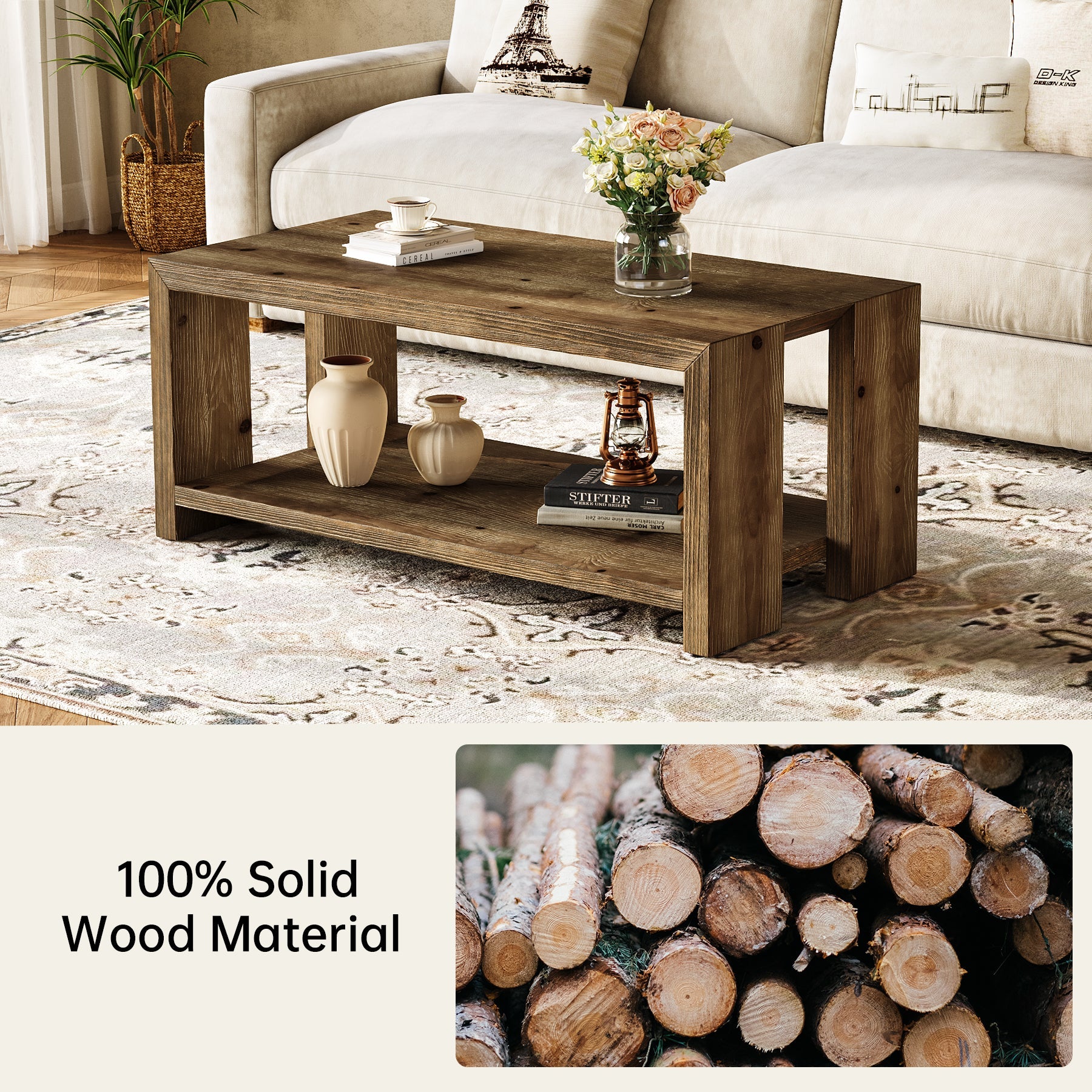 Solid Wood Coffee Table, 47.24" Accent Center Tea Table with Storage