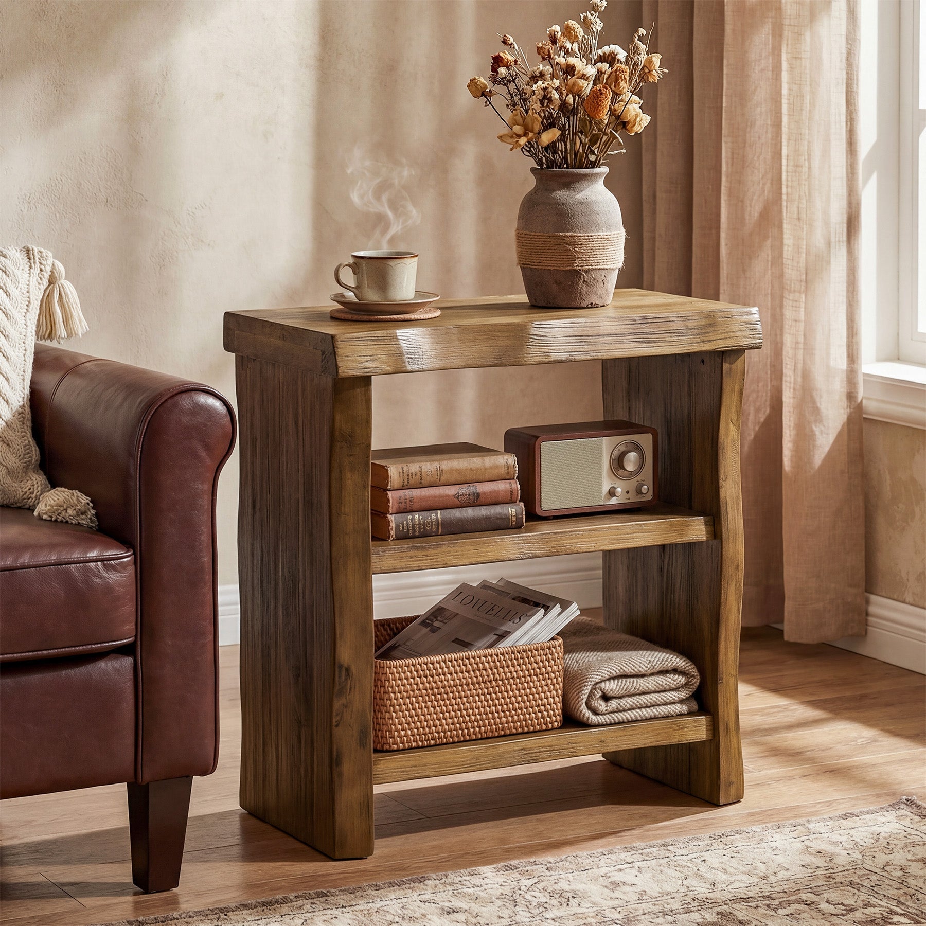 Tribesigns Solid Wood End Table, 3-Tier Live Edge Side Table for Bedroom
