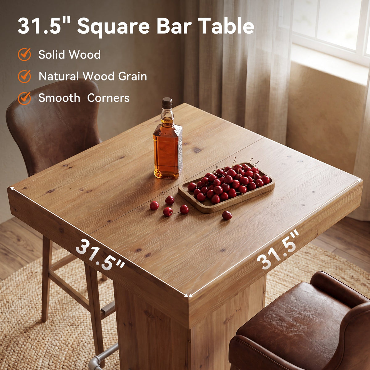 31.5" Square Solid Wood Bar Table, Industrial Counter Height Table with Metal Footrest