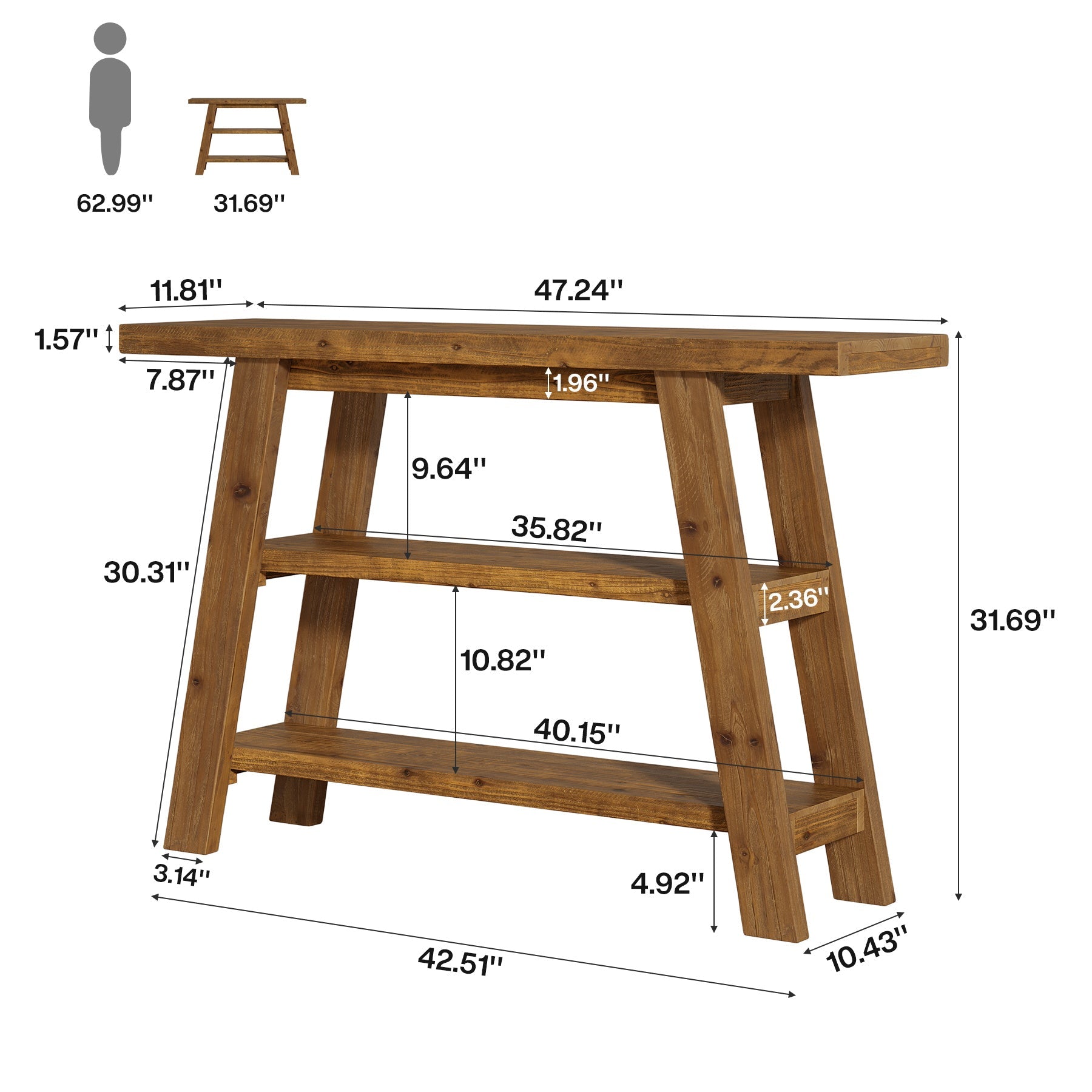 Solid Wood Console Table, 47.24" Farmhouse Entryway Table with 3-Tier Shelves