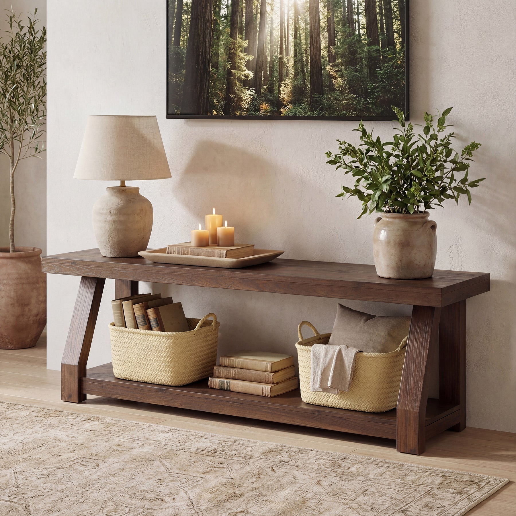 63" Solid Wood TV Stand for 65-75" TVs, Farmhouse Media Console with Open Shelf, Rustic Entertainment Center for Living Room