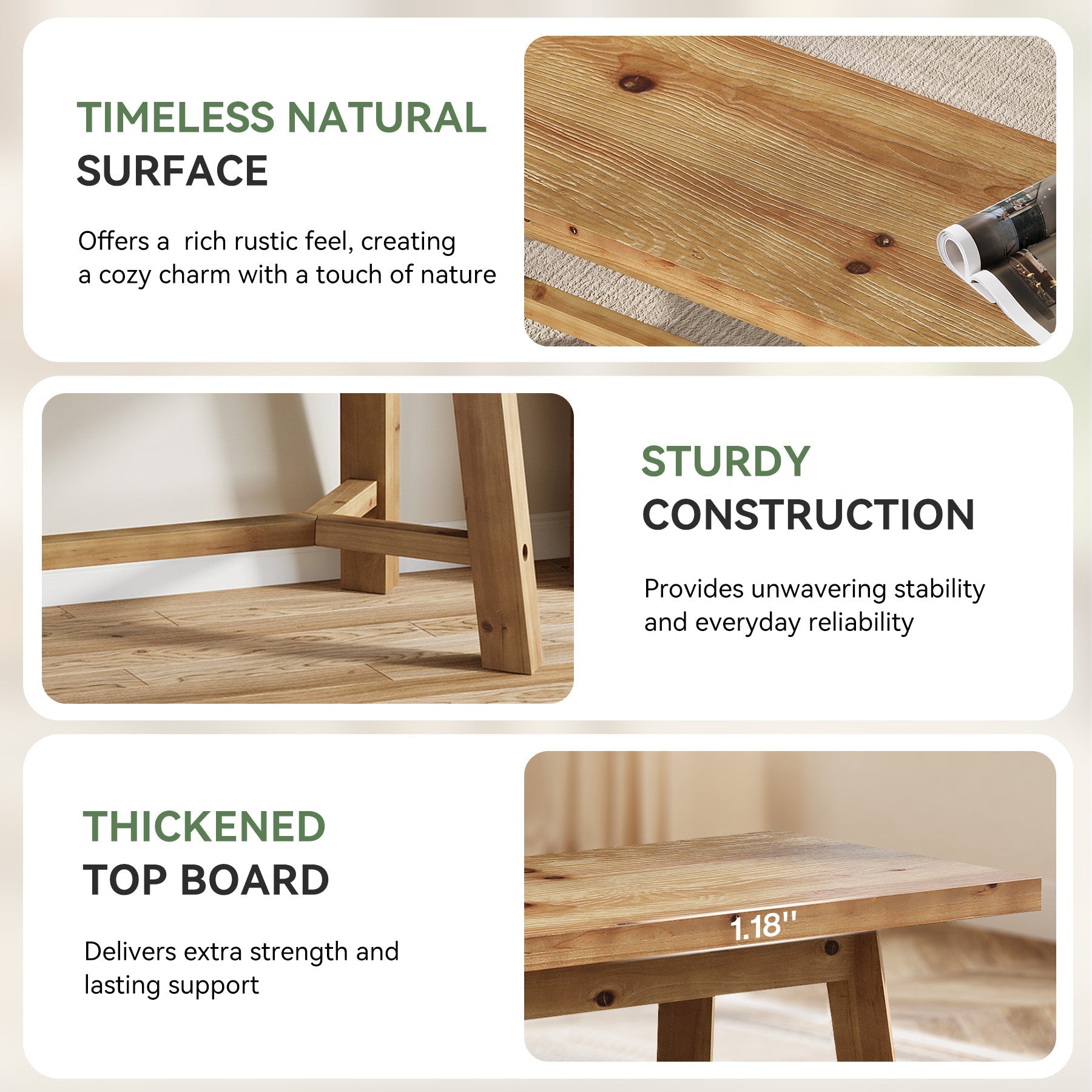 Solid Wood Dining Bench, 55.12" Kitchen Bench with Strengthened Legs