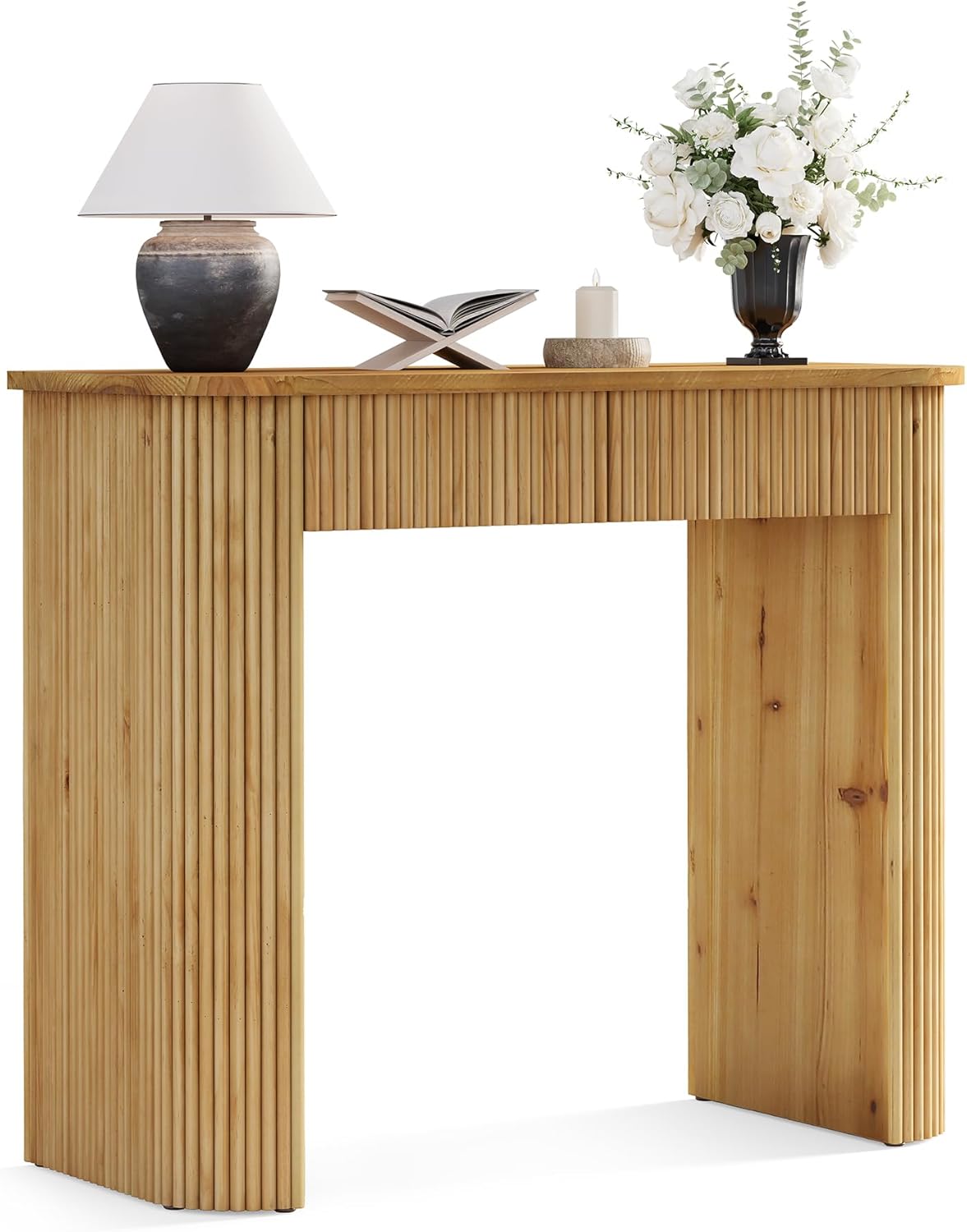 Solid Wood Console Table, 39" Fluted Entryway Sofa Table with Drawers