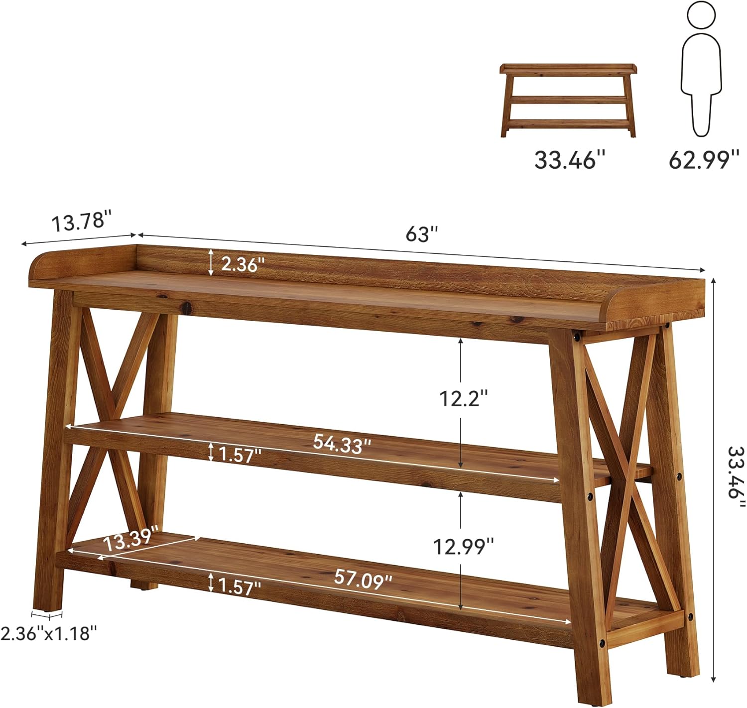 63” Solid Wood Console Table with 3-Tier Shelves, Farmhouse Sofa Table
