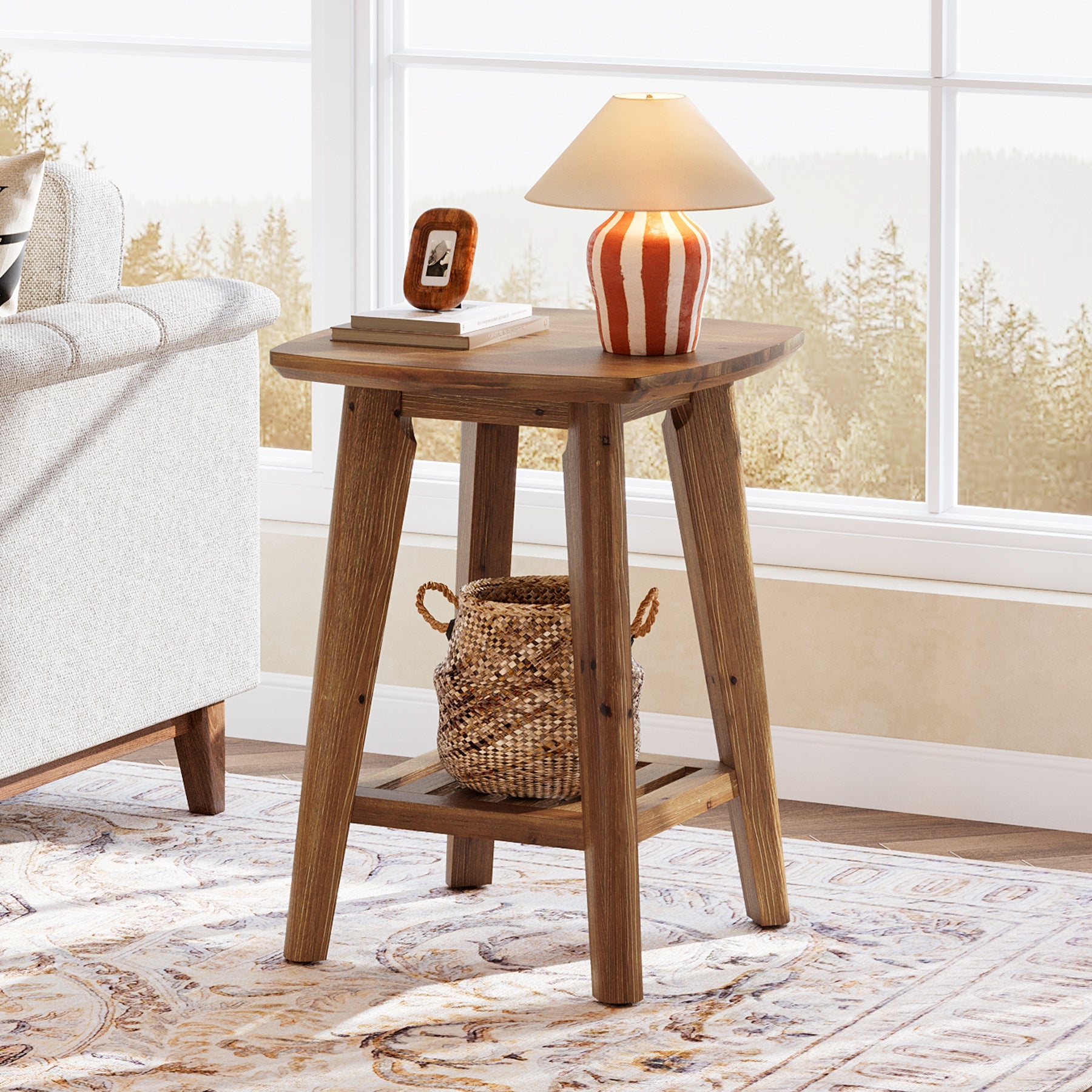 19.69" Square Side Table with 2-Tier Storage Shelf, Solid Wood End Table for Living Room and Sofa Side