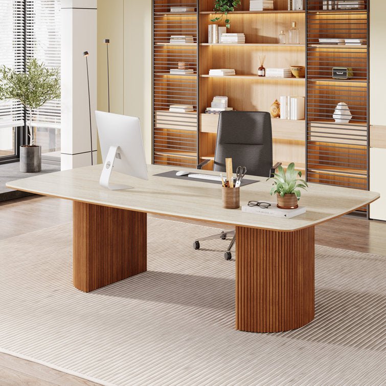 78.7" Executive Desk, Travertine Slab Computer Desk With Semi - Circular Base Tribesigns