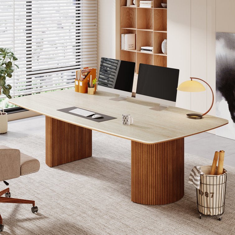 78.7" Executive Desk, Travertine Slab Computer Desk With Semi - Circular Base Tribesigns