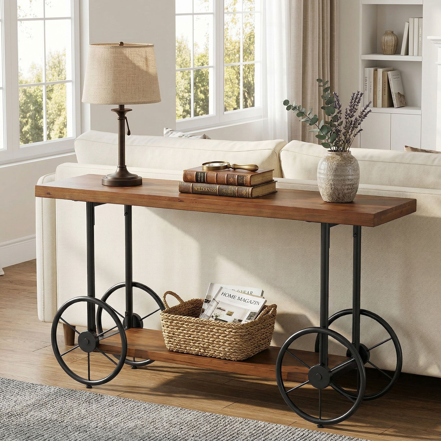 47" Solid Wood Industrial Console Table with 2-Tier Shelves – Narrow Entryway Sofa Table with Metal Base for Hallway or Living Room