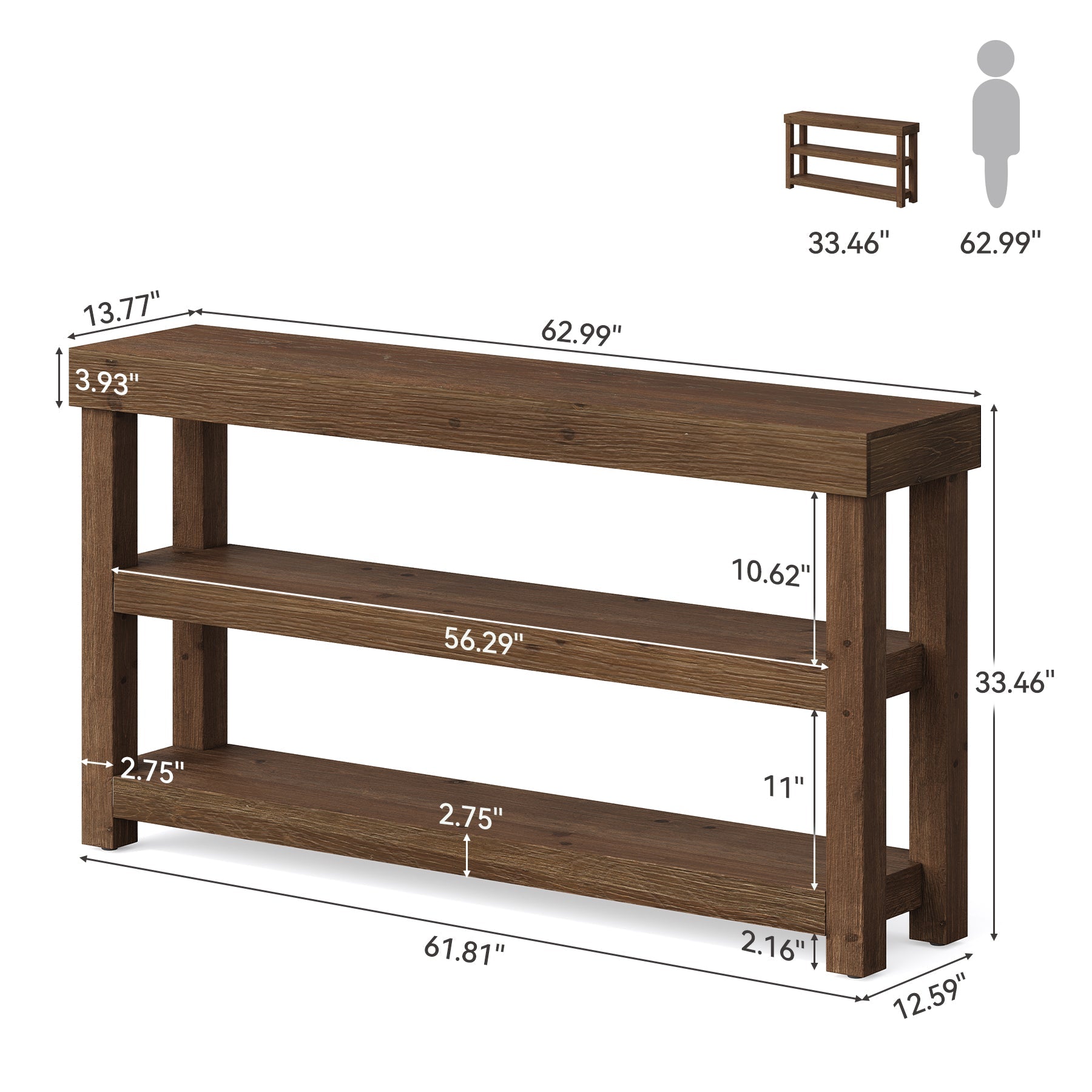 3-Tier Solid Wood Console Table, 63" Narrow Sofa Table Behind The Couch