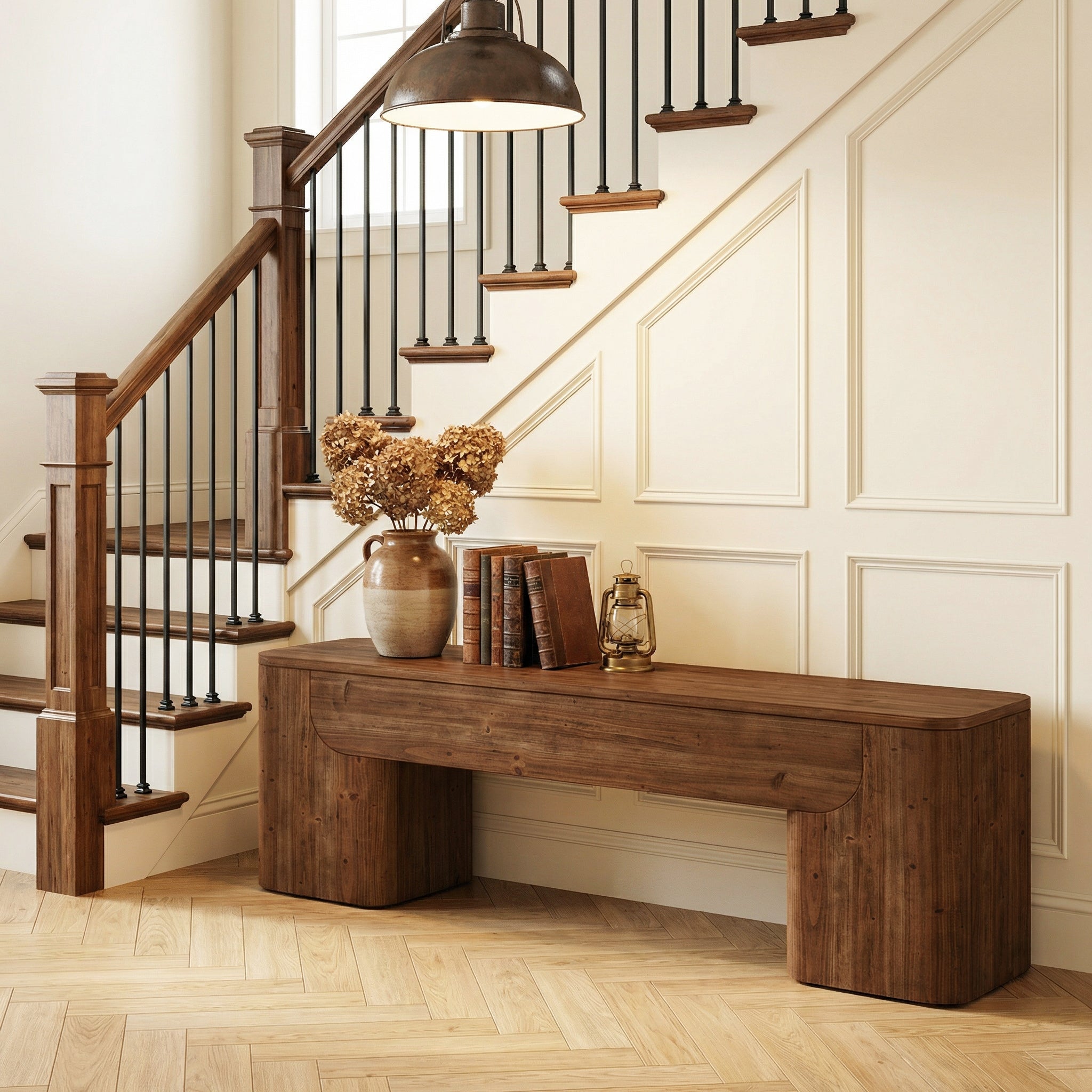59" Solid Wood Bench, Rustic Heavy Duty Entryway Bench with Sturdy Legs