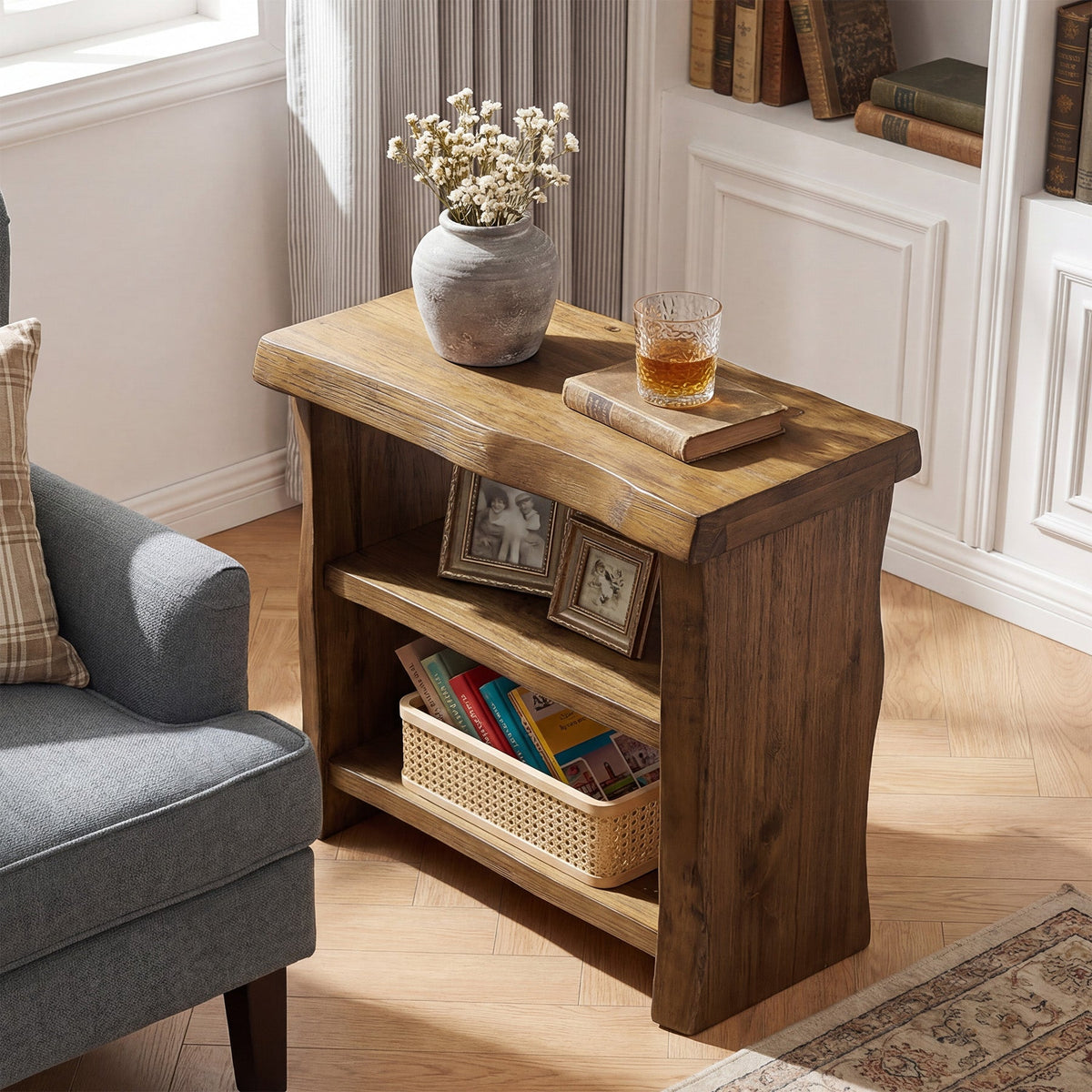 Tribesigns Solid Wood End Table, 3-Tier Live Edge Side Table for Bedroom