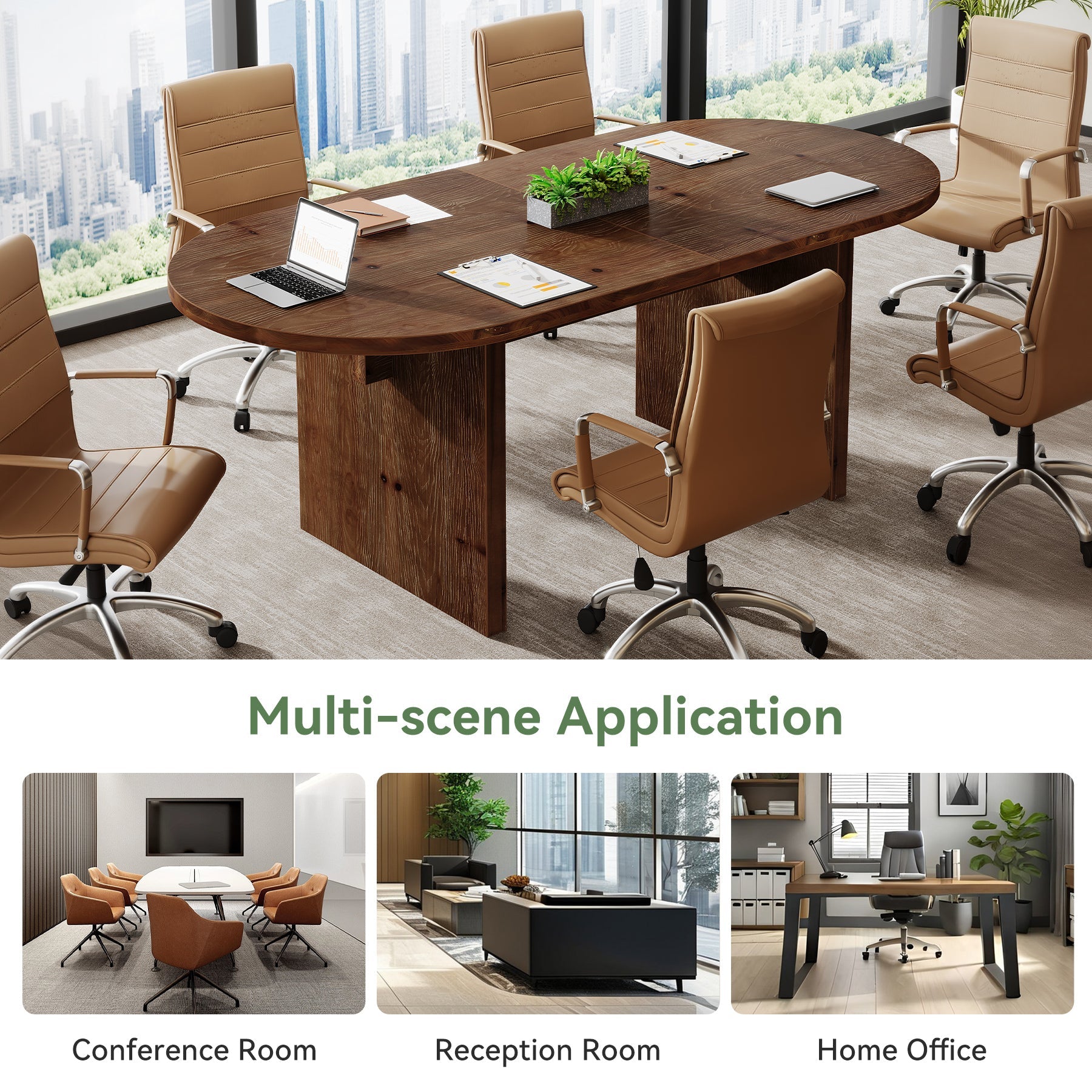 Solid Wood Conference Table, 63" Oval Executive Desks with Wood Base