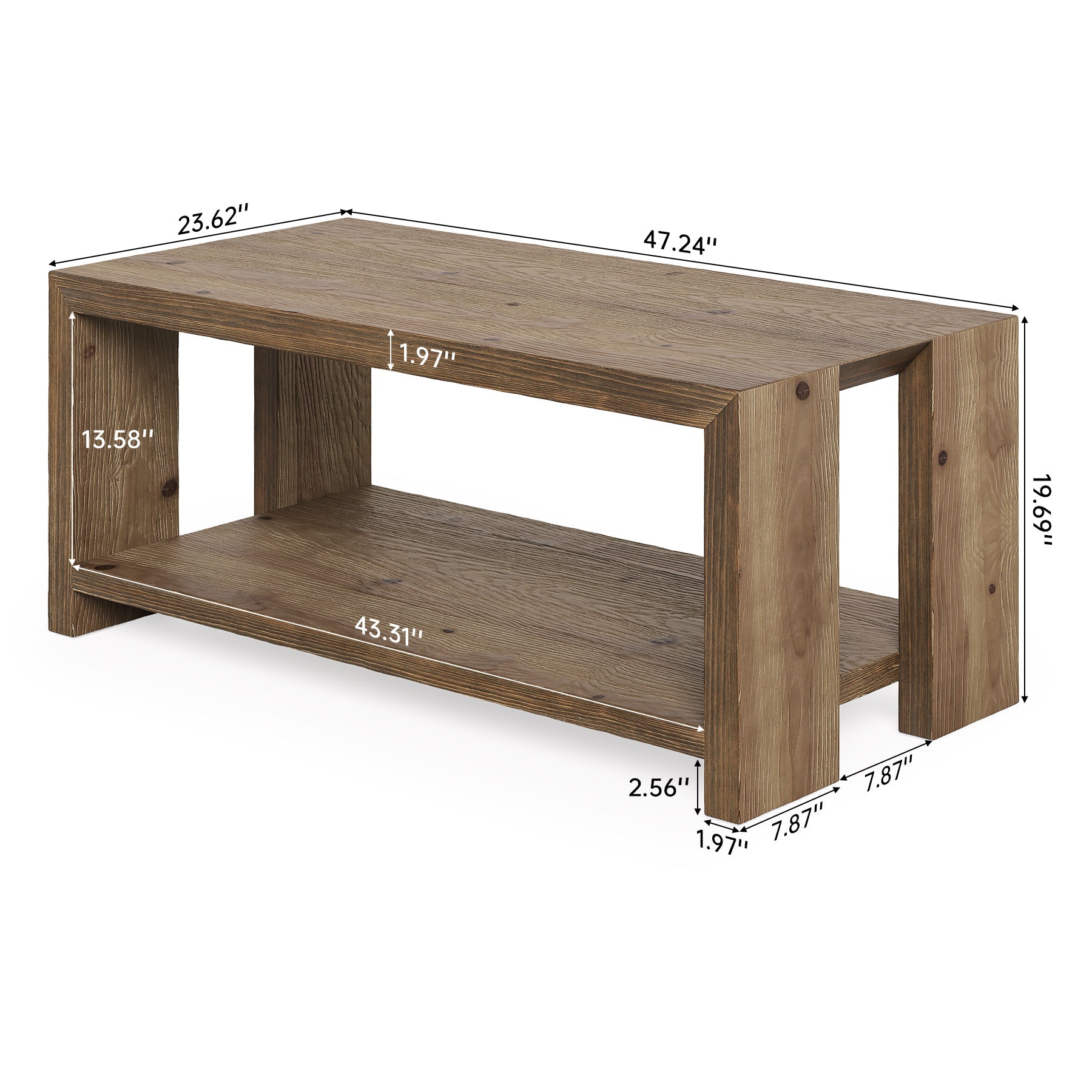 Solid Wood Coffee Table, 47.24" Accent Center Tea Table with Storage