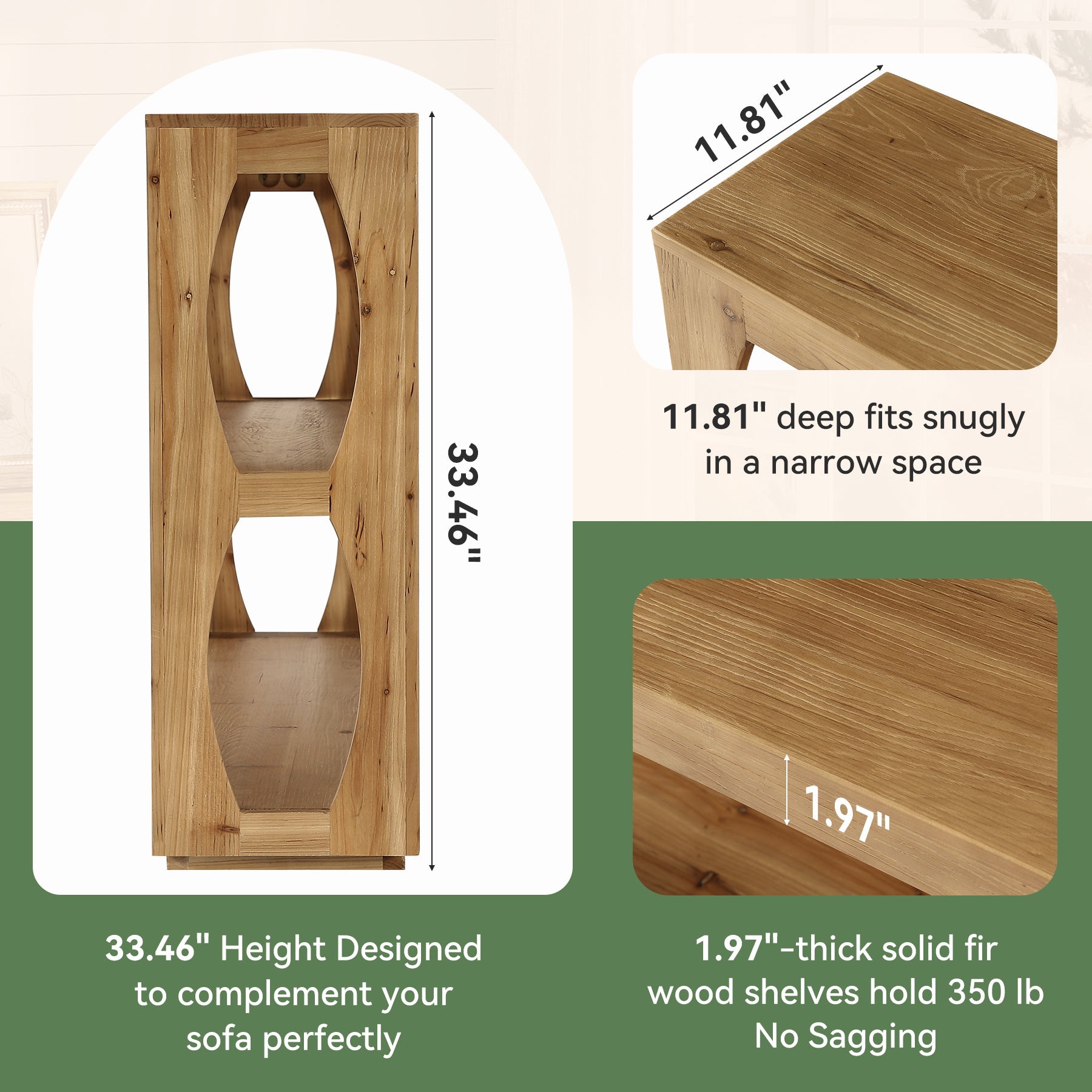 63" Solid Wood Console Table, Farmhouse Narrow Entryway Sofa Table with 3-Tier Storage