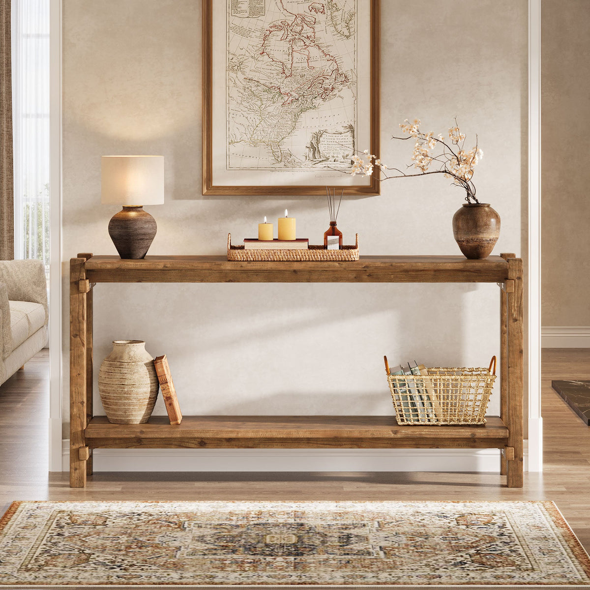 63" Solid Wood Console Table, 2 - Tier Farmhouse Entryway Table with Storage Tribesigns