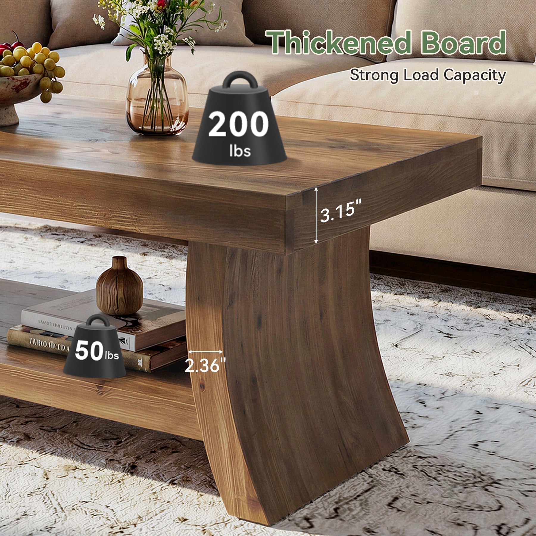 Solid Wood Coffee Table with Storage Shelf, 47.2" Center Table with Curved Base