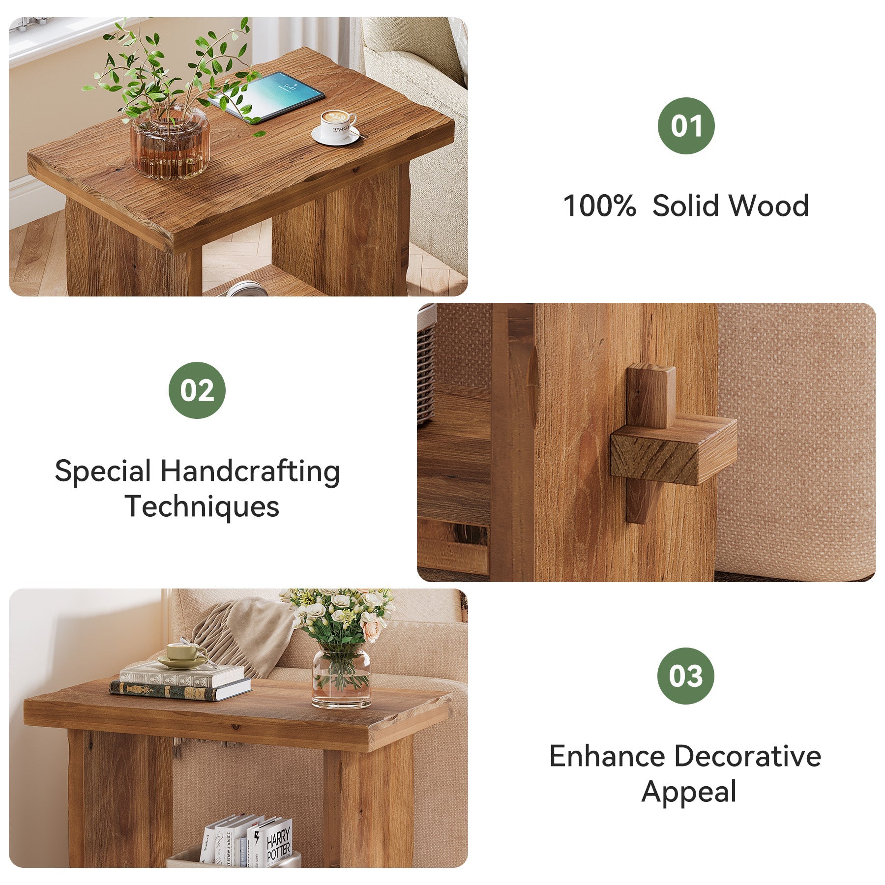 Tribesigns 23.62-Inch Solid Wood Side Table, Wooden End Table with Solid Base