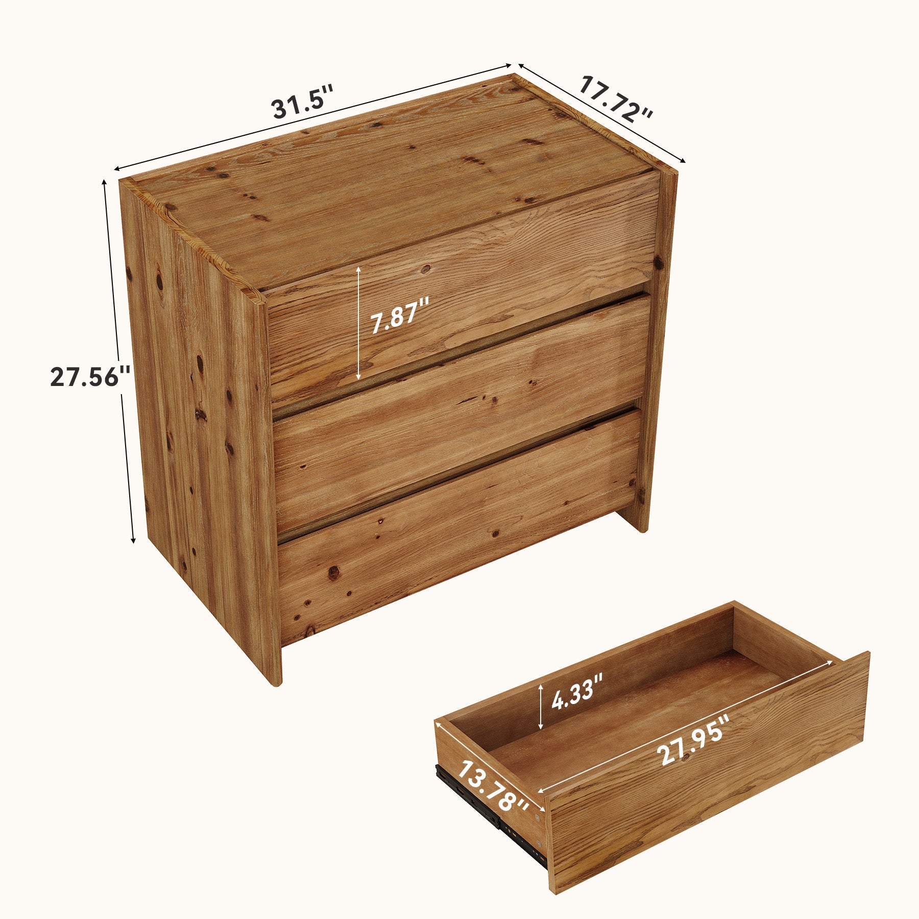 Oversized Solid Wood Nightstand, 31.5" Wide Bedside Table with 3 Drawers