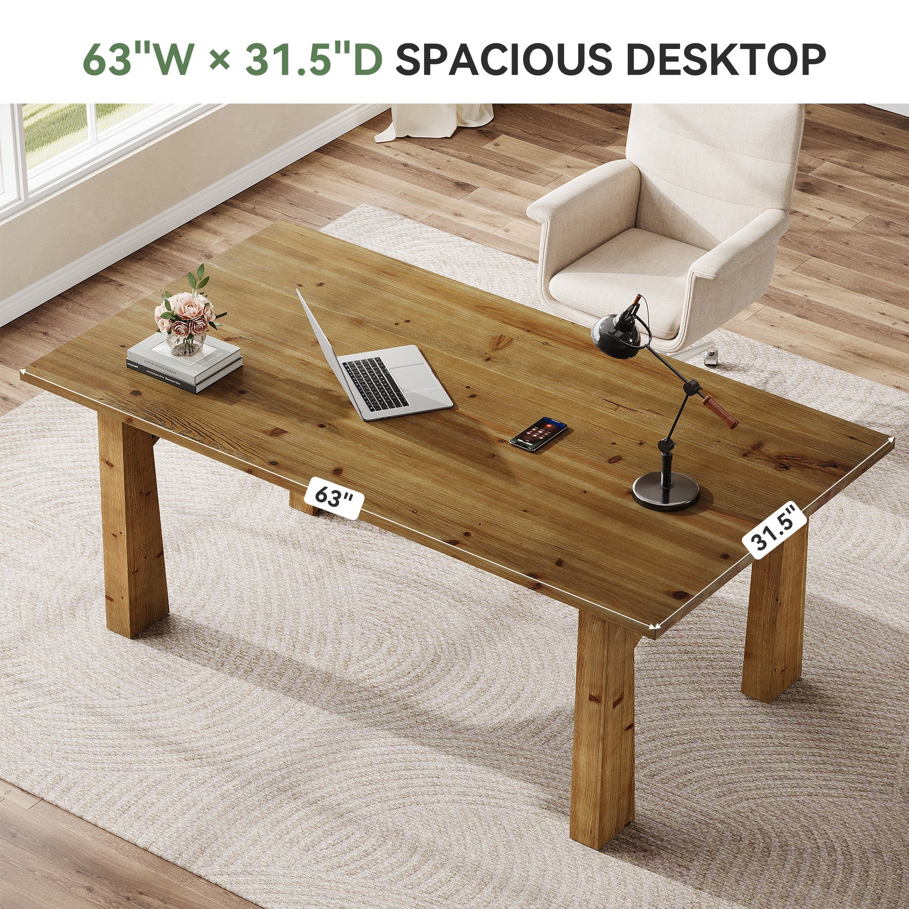 Solid Wood Executive Desk, 63" Computer Desk with Sturdy Wooden Legs
