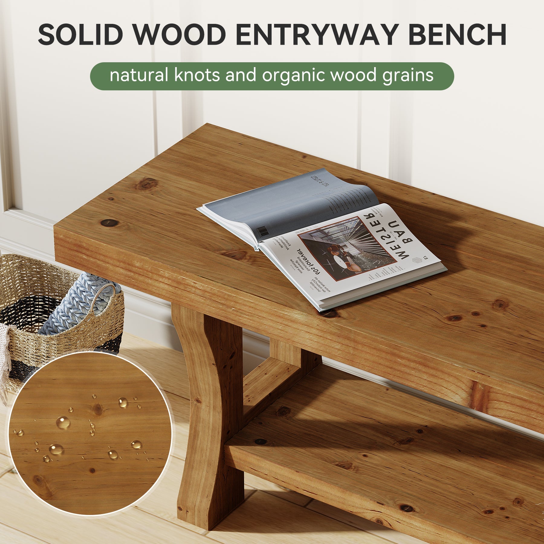 55" Entryway Bench, Solid Wood End of Bed Bench Dining Seat