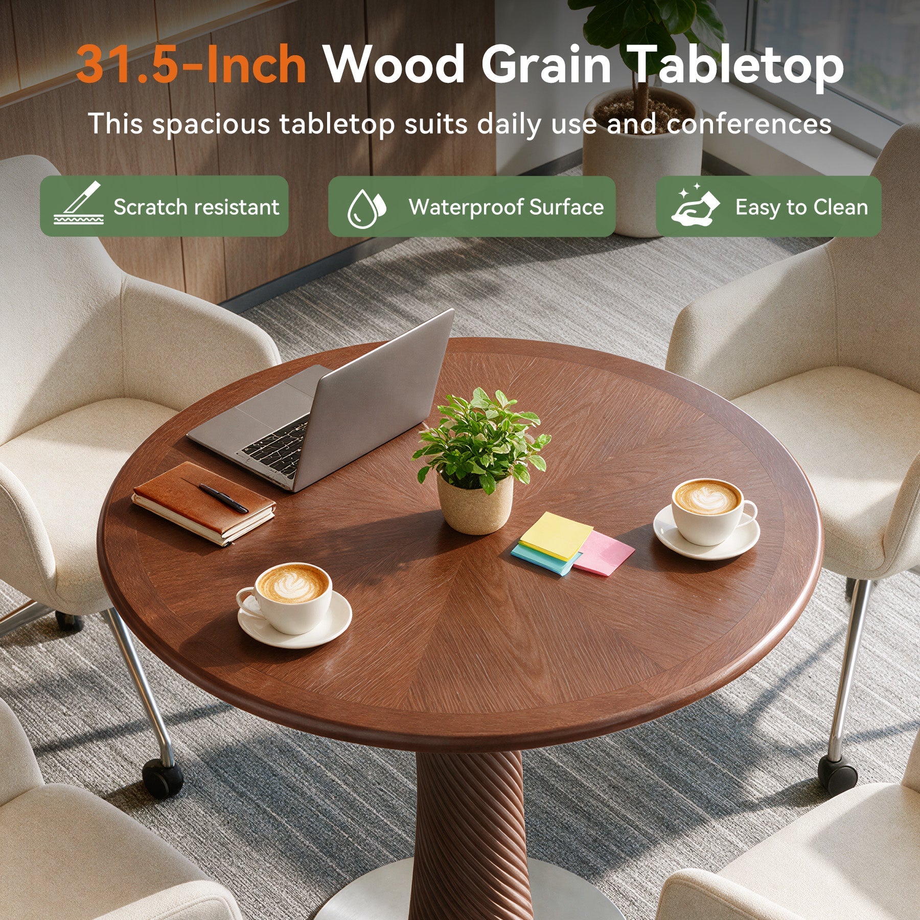 31.5” Solid Wood Conference Table, Round Meeting Table with Hourglass Pedestal for Home Office