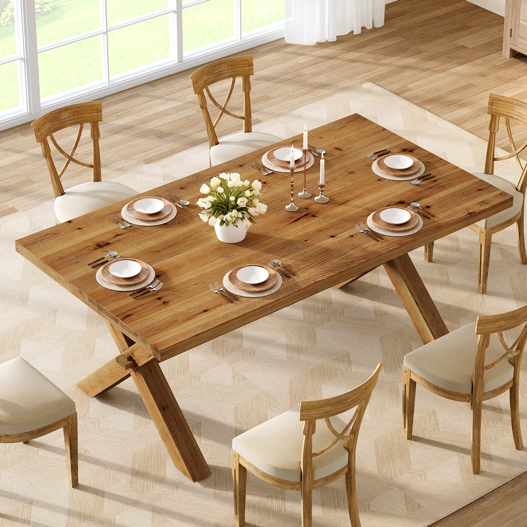 63" Rectangle Dining Table, Farmhouse Solid Wood Kitchen Table with Large Tabletop for 4-6