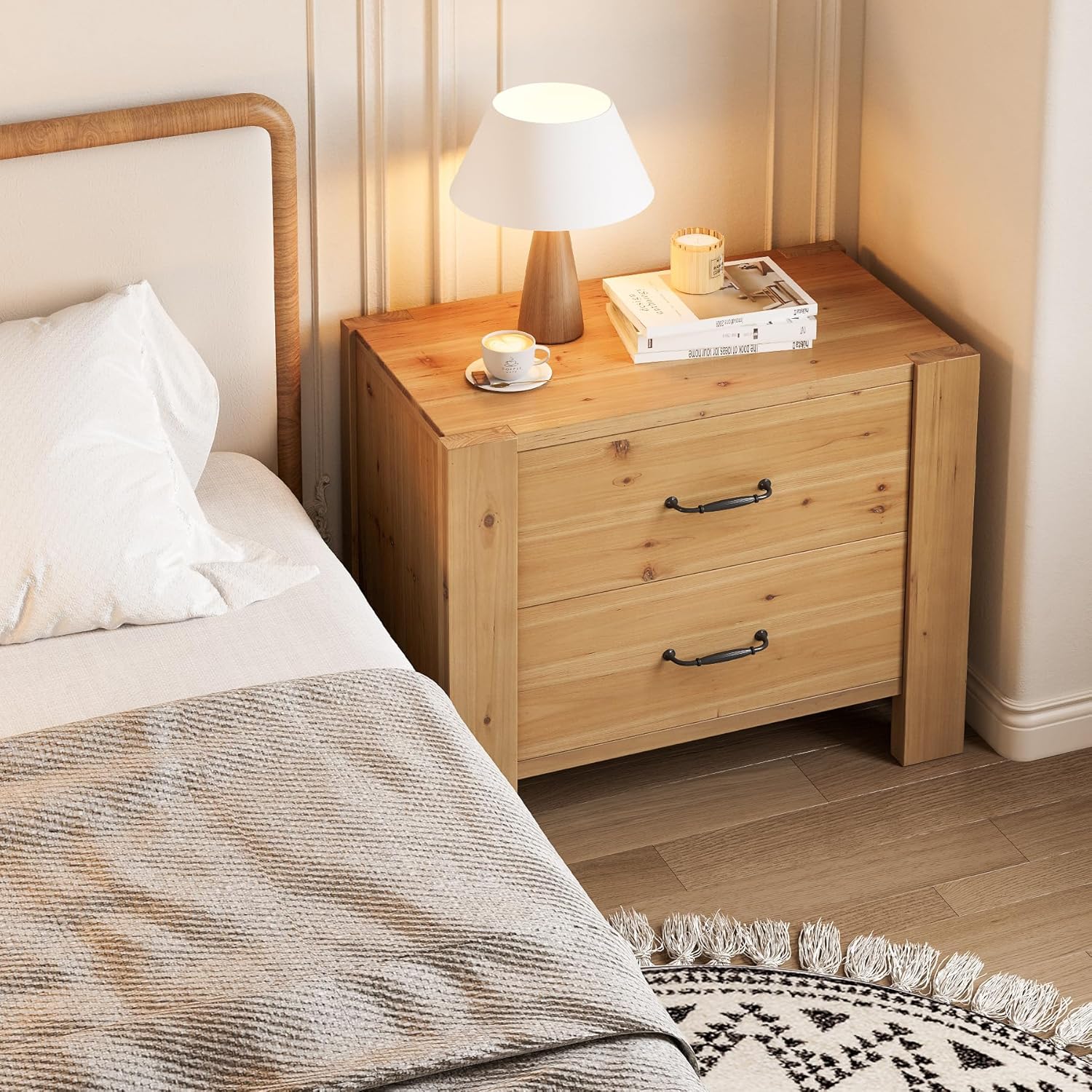 Solid Wood Nightstand, Oversize Bedside Table with 2 Drawers