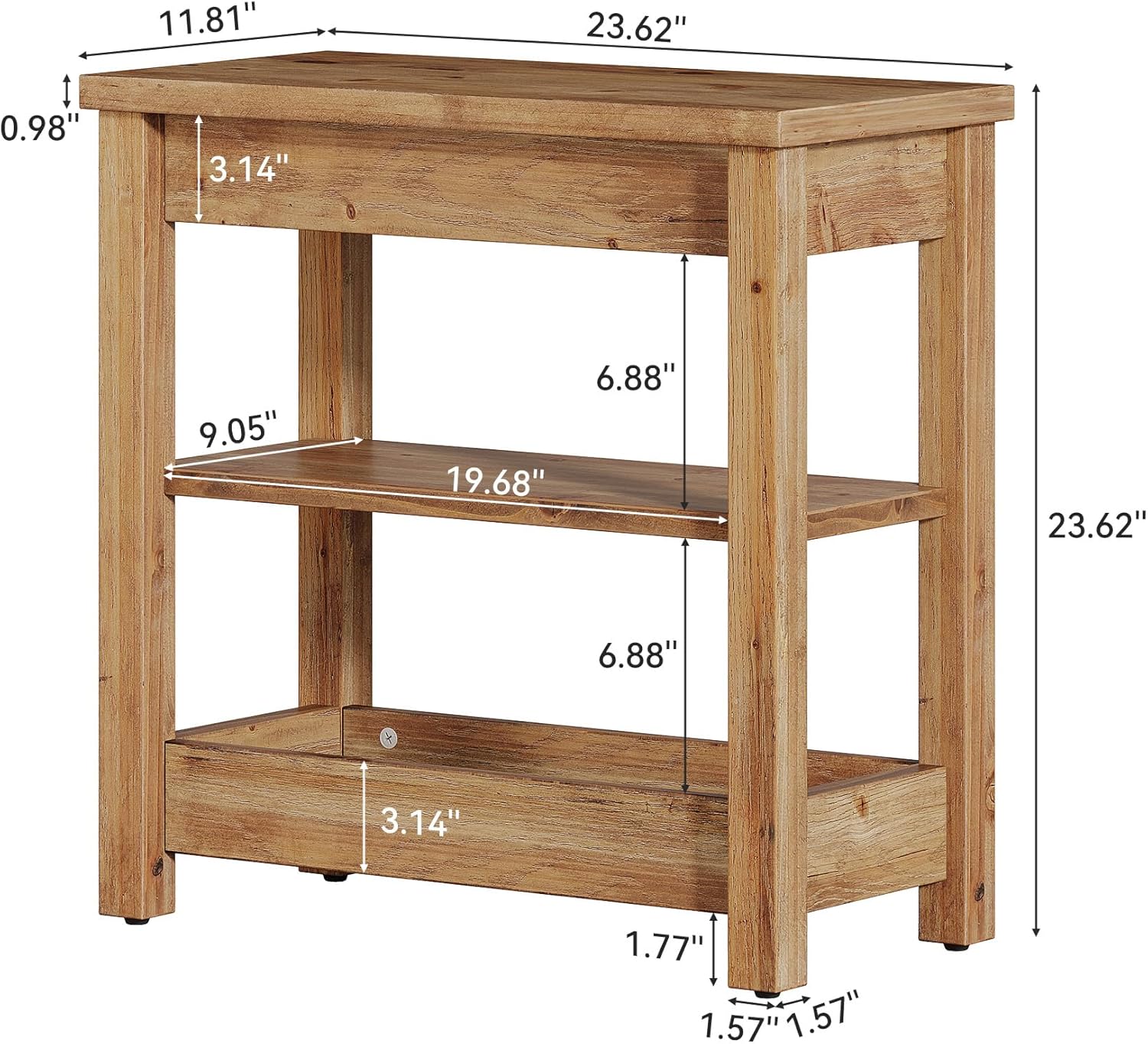 Tribesigns 23.62" Solid Wood End Table, 3-Tier Narrow Side Table for Living Room and Bedroom