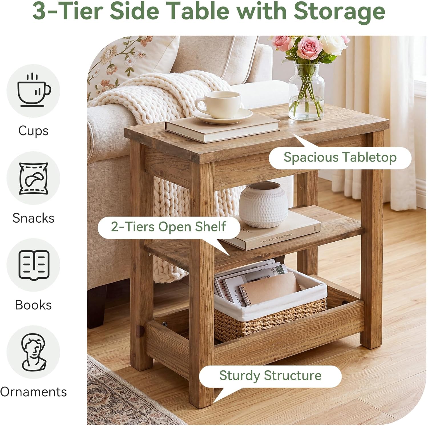 Tribesigns 23.62" Solid Wood End Table, 3-Tier Narrow Side Table for Living Room and Bedroom