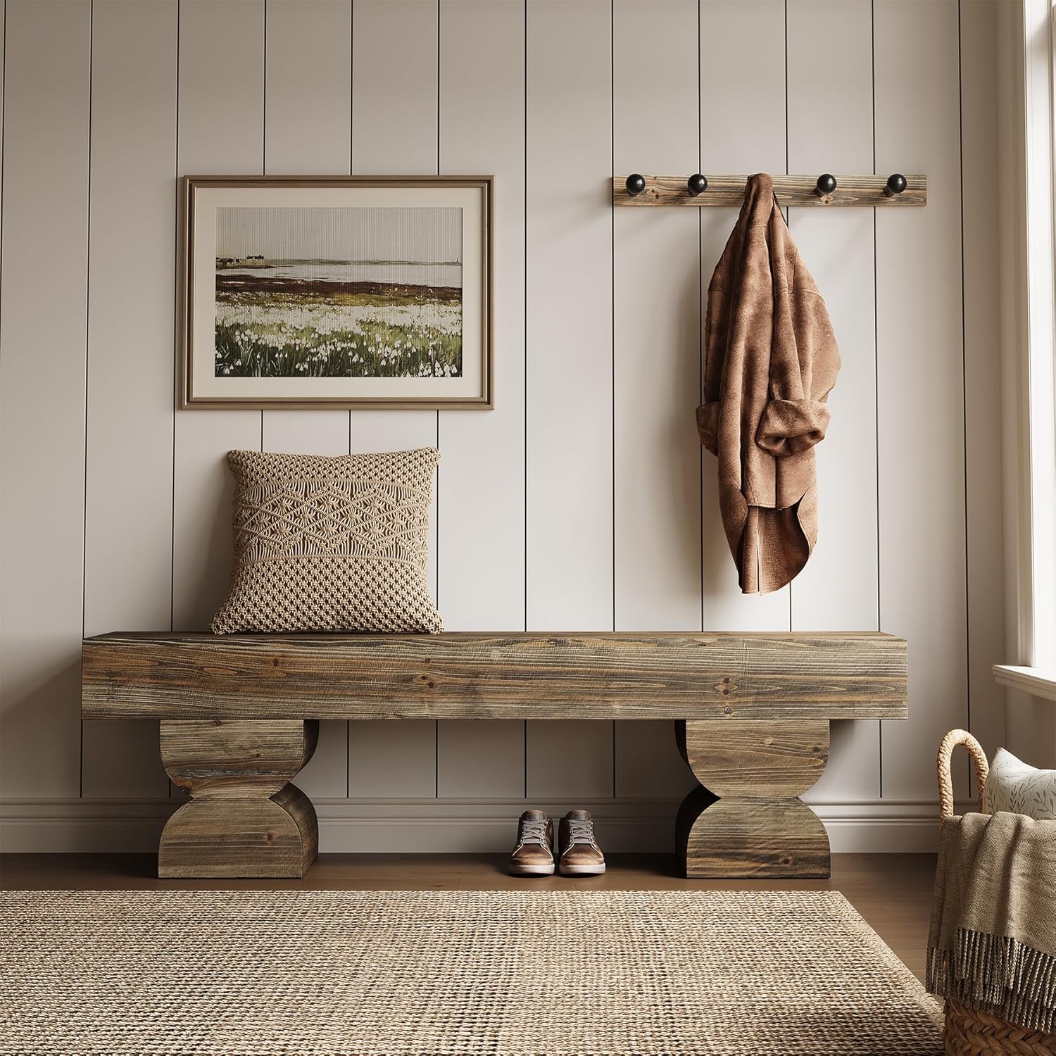 59" Entryway Bench, Solid Wood Shoe Bench End of Bed Stool