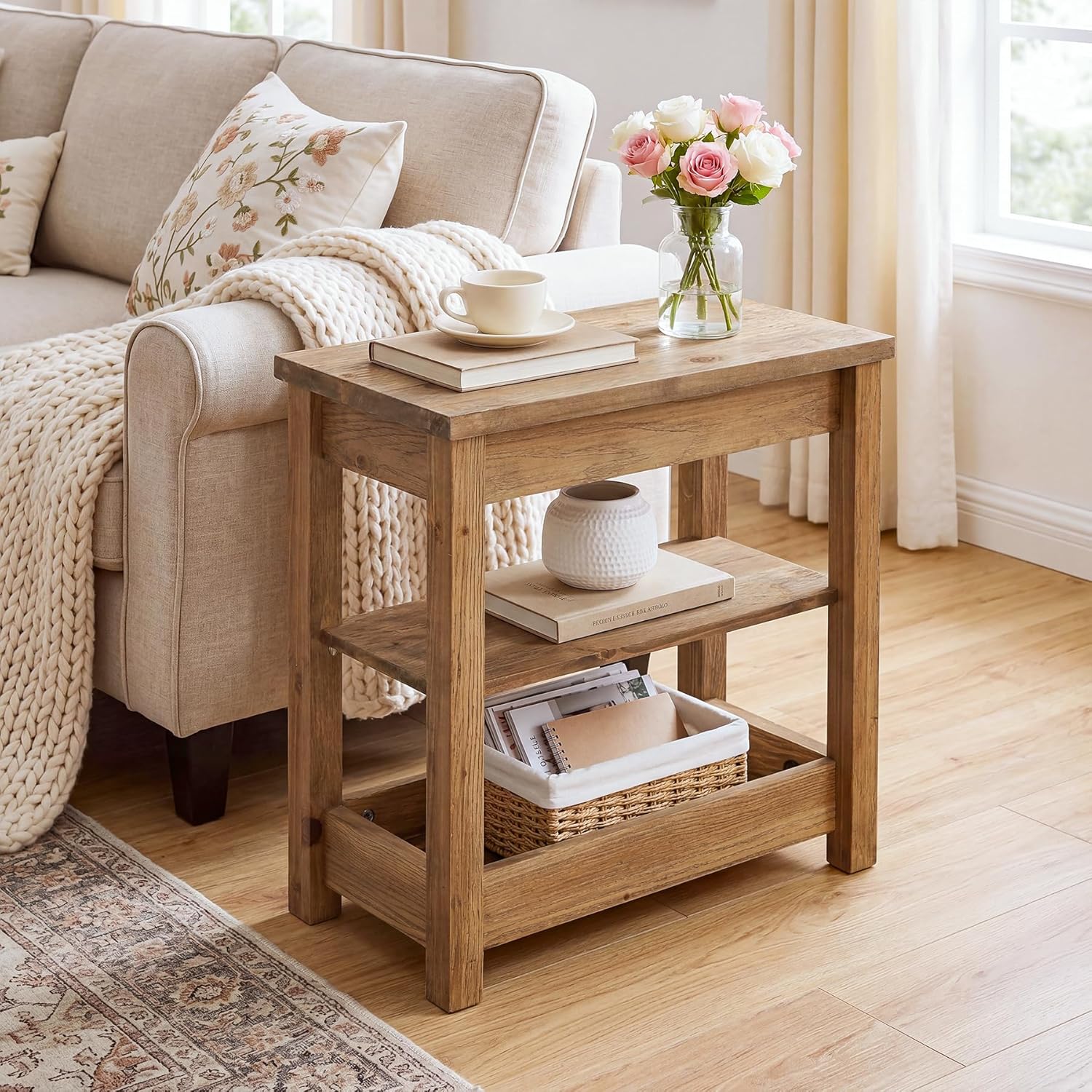 Tribesigns 23.62" Solid Wood End Table, 3-Tier Narrow Side Table for Living Room and Bedroom