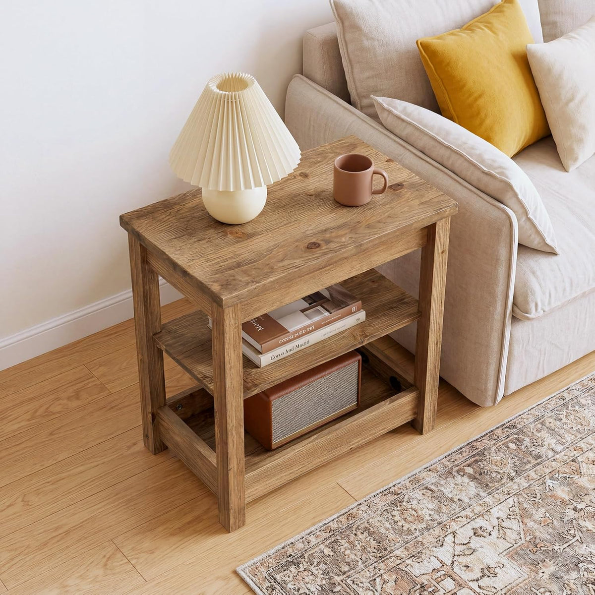 Tribesigns 23.62" Solid Wood End Table, 3-Tier Narrow Side Table for Living Room and Bedroom