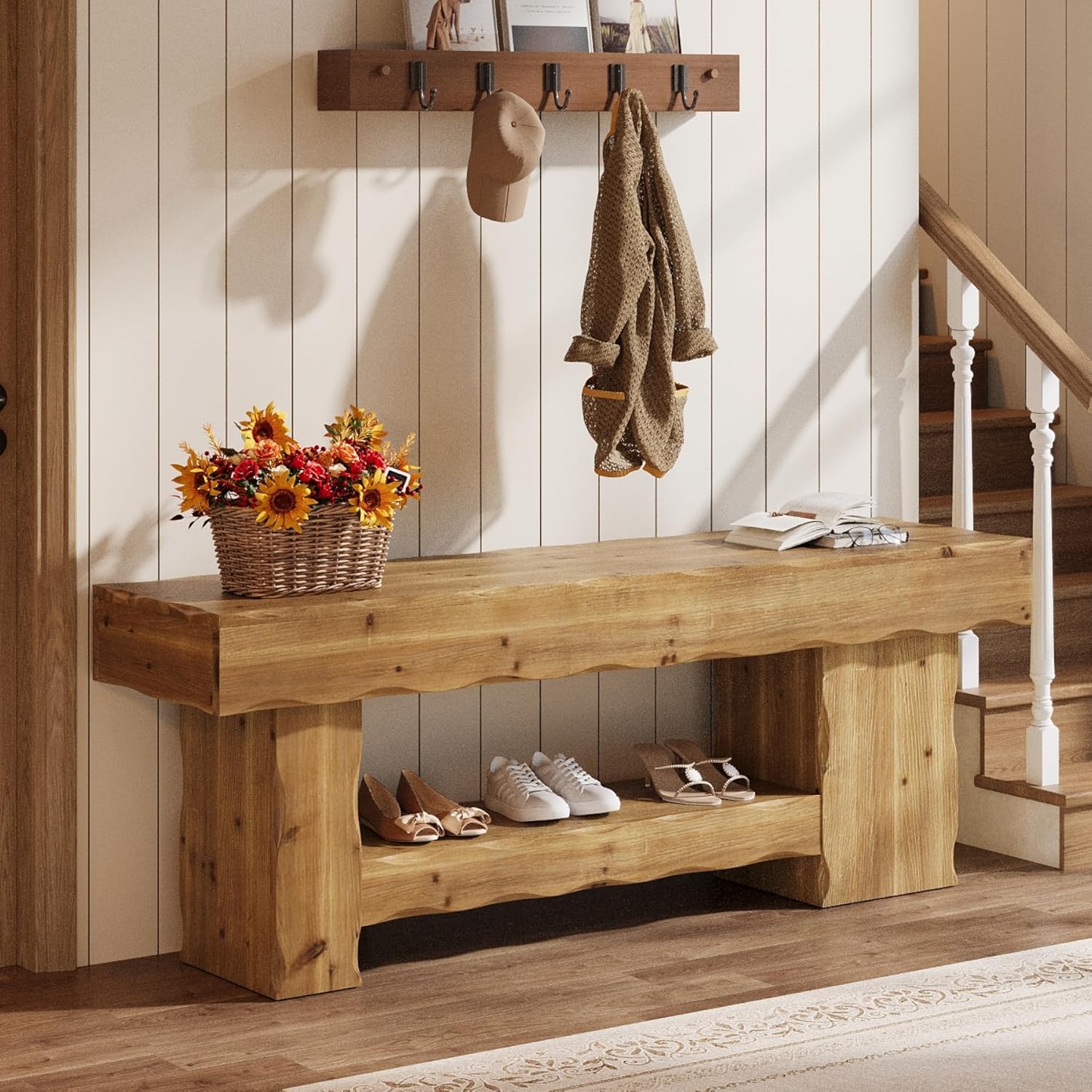 Solid Wood Entryway Shoe Bench, 63" End-of-Bed Bench with Storage Shelf