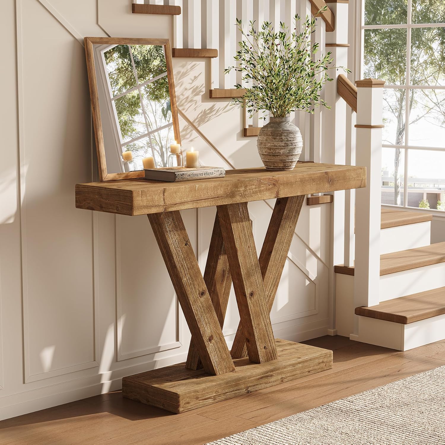 Solid Wood Console Table, 47.2" Farmhouse Sofa Table with Double V - Shape Base Tribesigns