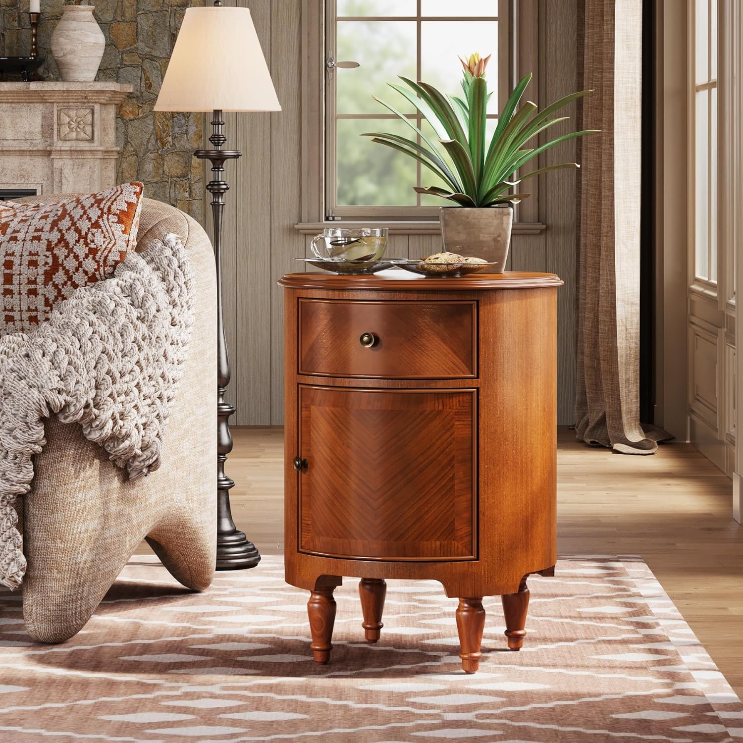 17.7" Round End Table, Solid Wood Sofa Side Table Nightstand with Drawer