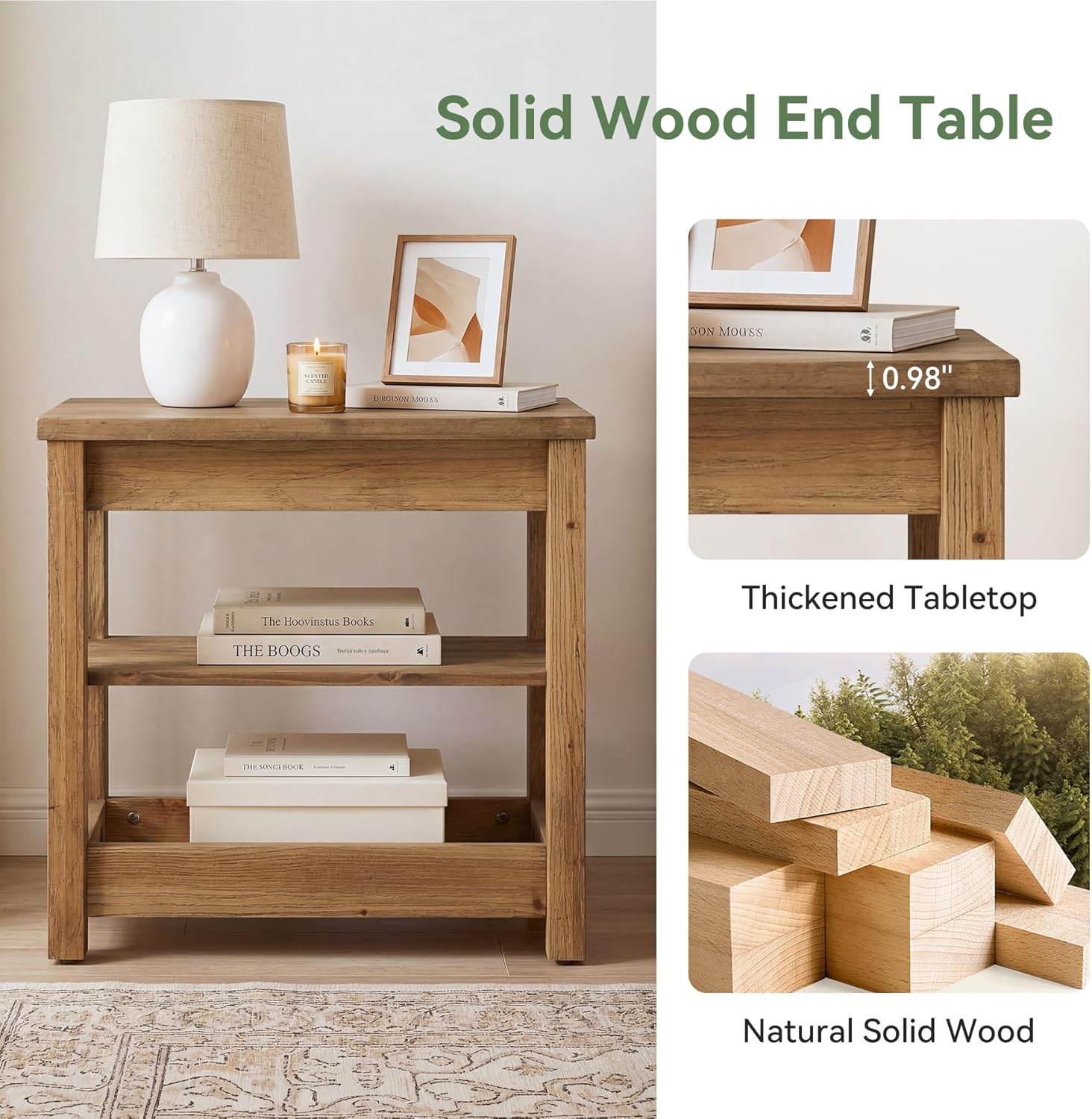 Tribesigns 23.62" Solid Wood End Table, 3-Tier Narrow Side Table for Living Room and Bedroom