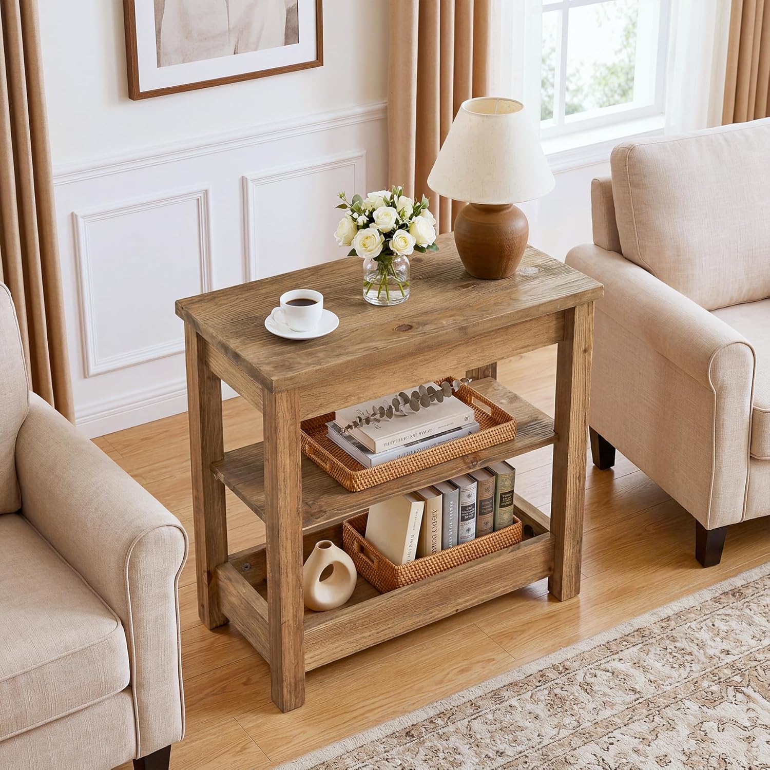 Tribesigns 23.62" Solid Wood End Table, 3-Tier Narrow Side Table for Living Room and Bedroom