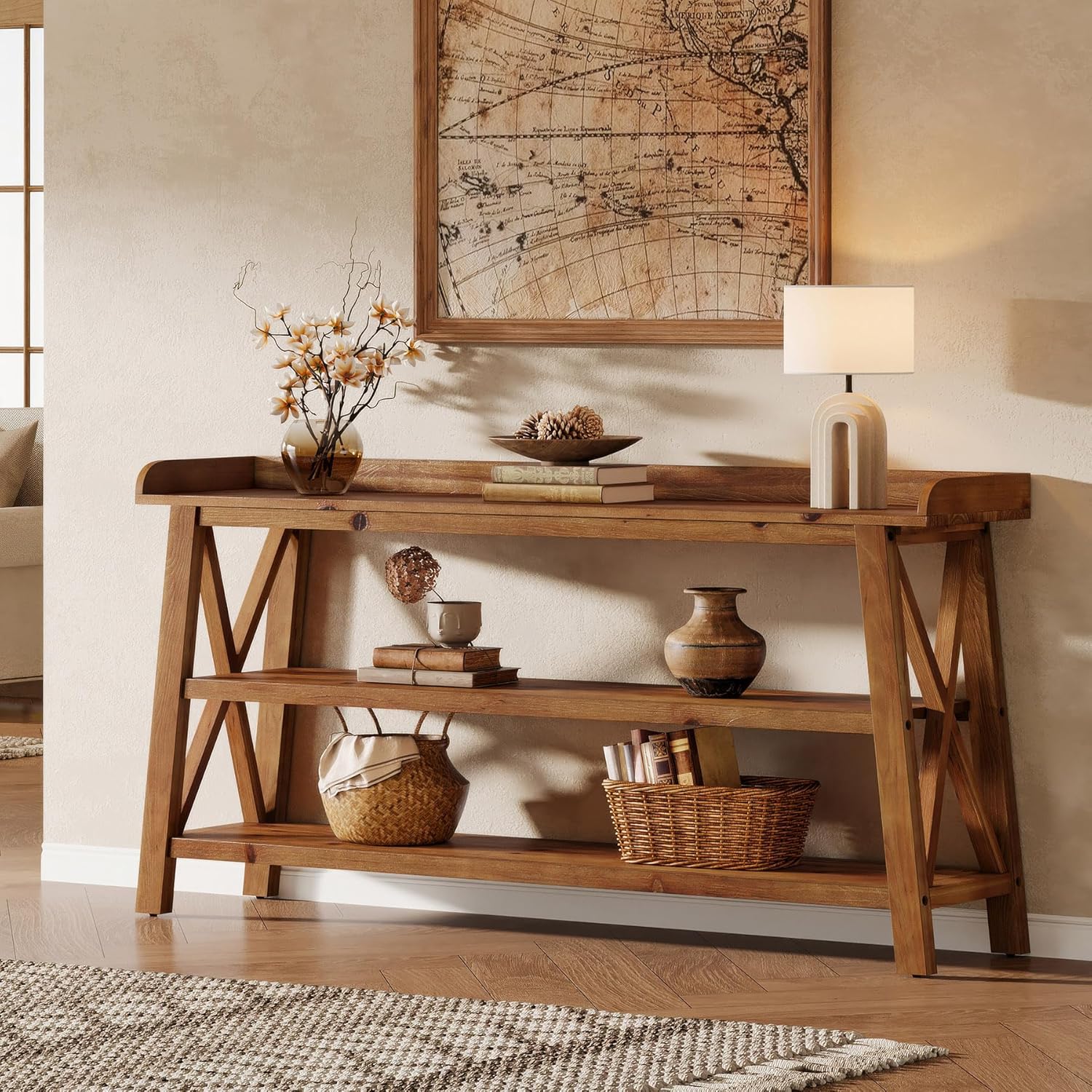 63” Solid Wood Console Table with 3-Tier Shelves, Farmhouse Sofa Table