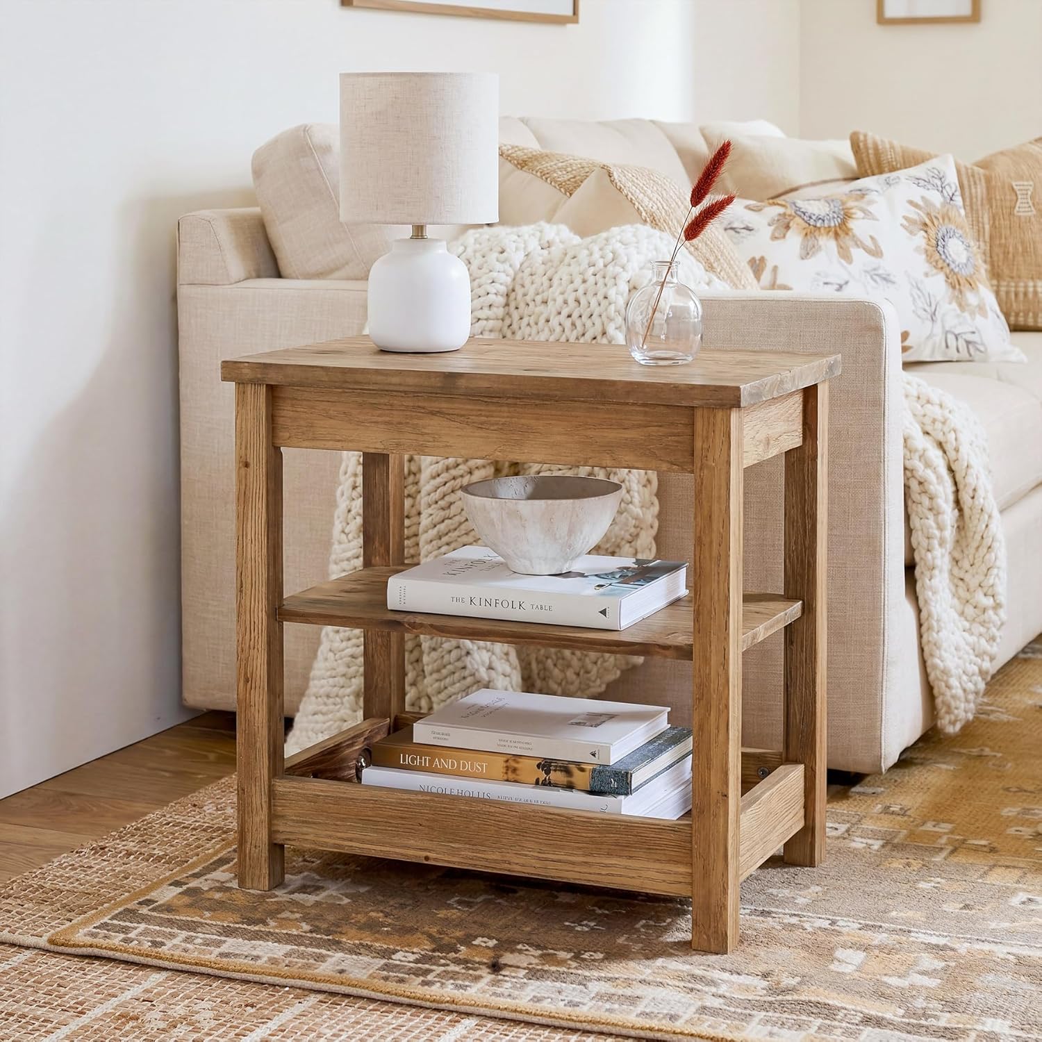 Tribesigns 23.62" Solid Wood End Table, 3-Tier Narrow Side Table for Living Room and Bedroom