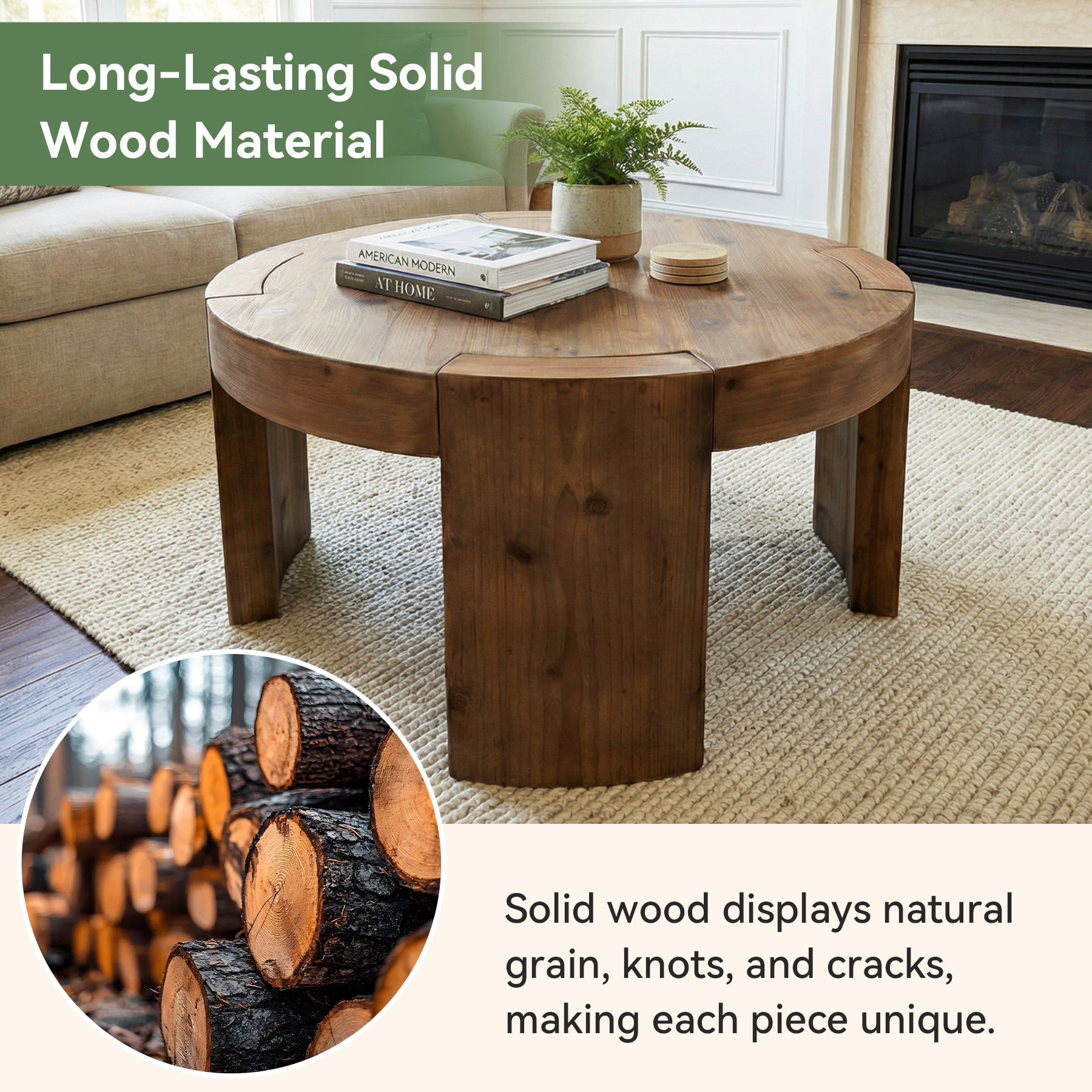 31.5" Round Coffee Table, Solid Wood Farmhouse Center Cocktail Tea Table for Living Room