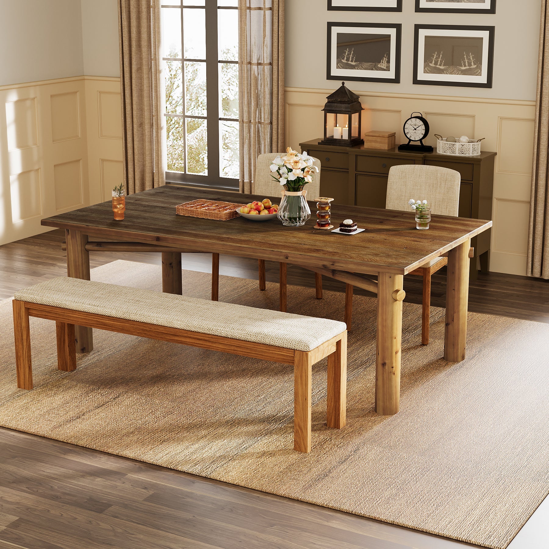 Solid Wood Dining Table for 6, 63" Rectangle Kitchen Table with Strong Legs