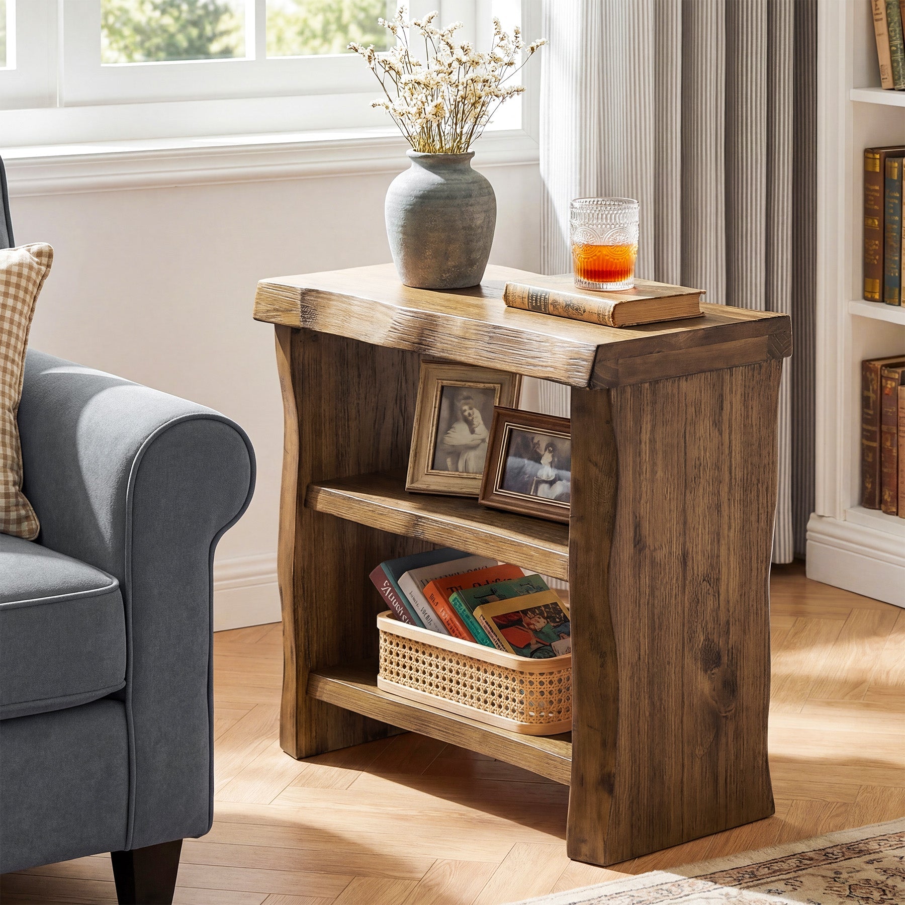 Tribesigns Solid Wood End Table, 3-Tier Live Edge Side Table for Bedroom