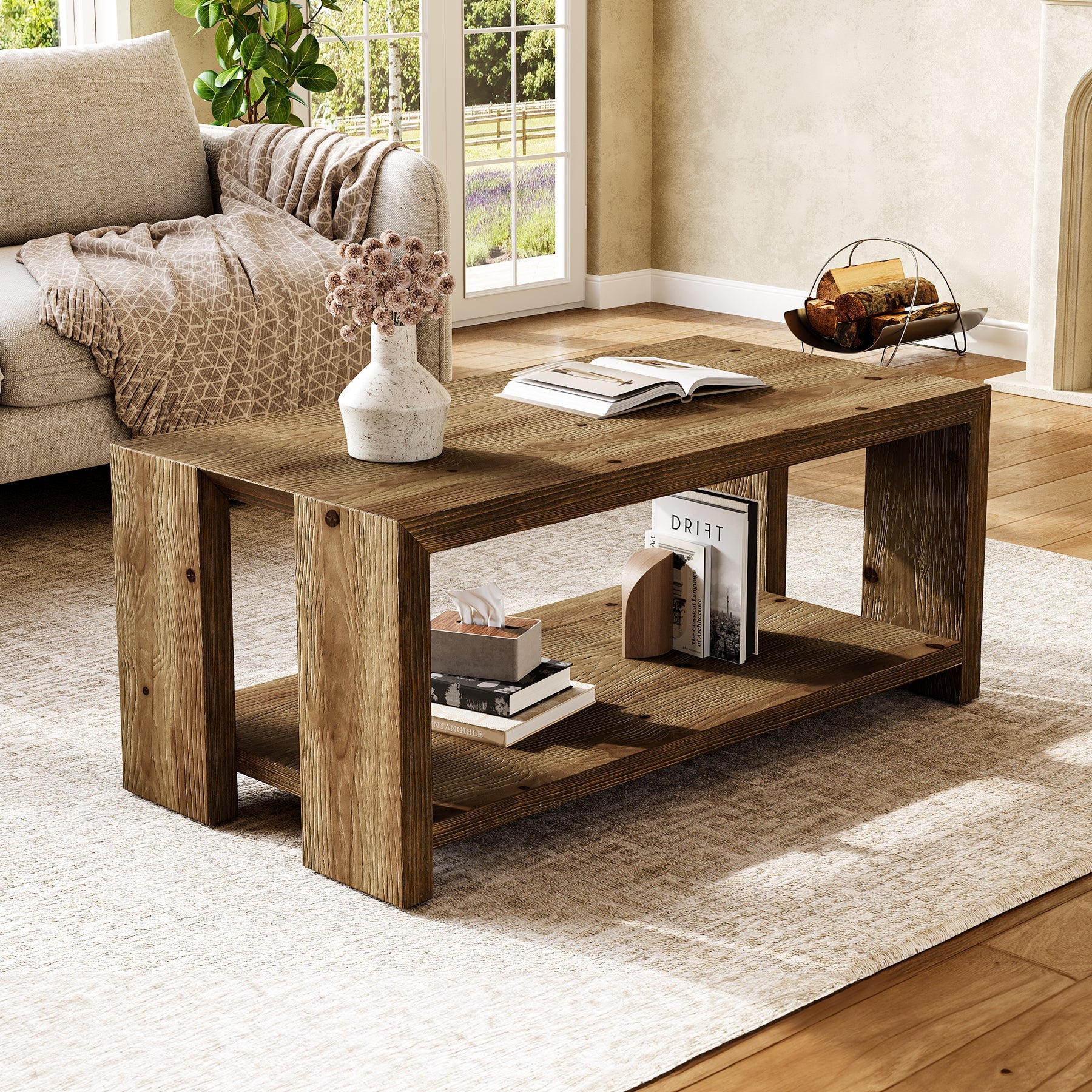 Solid Wood Coffee Table, 47.24" Accent Center Tea Table with Storage