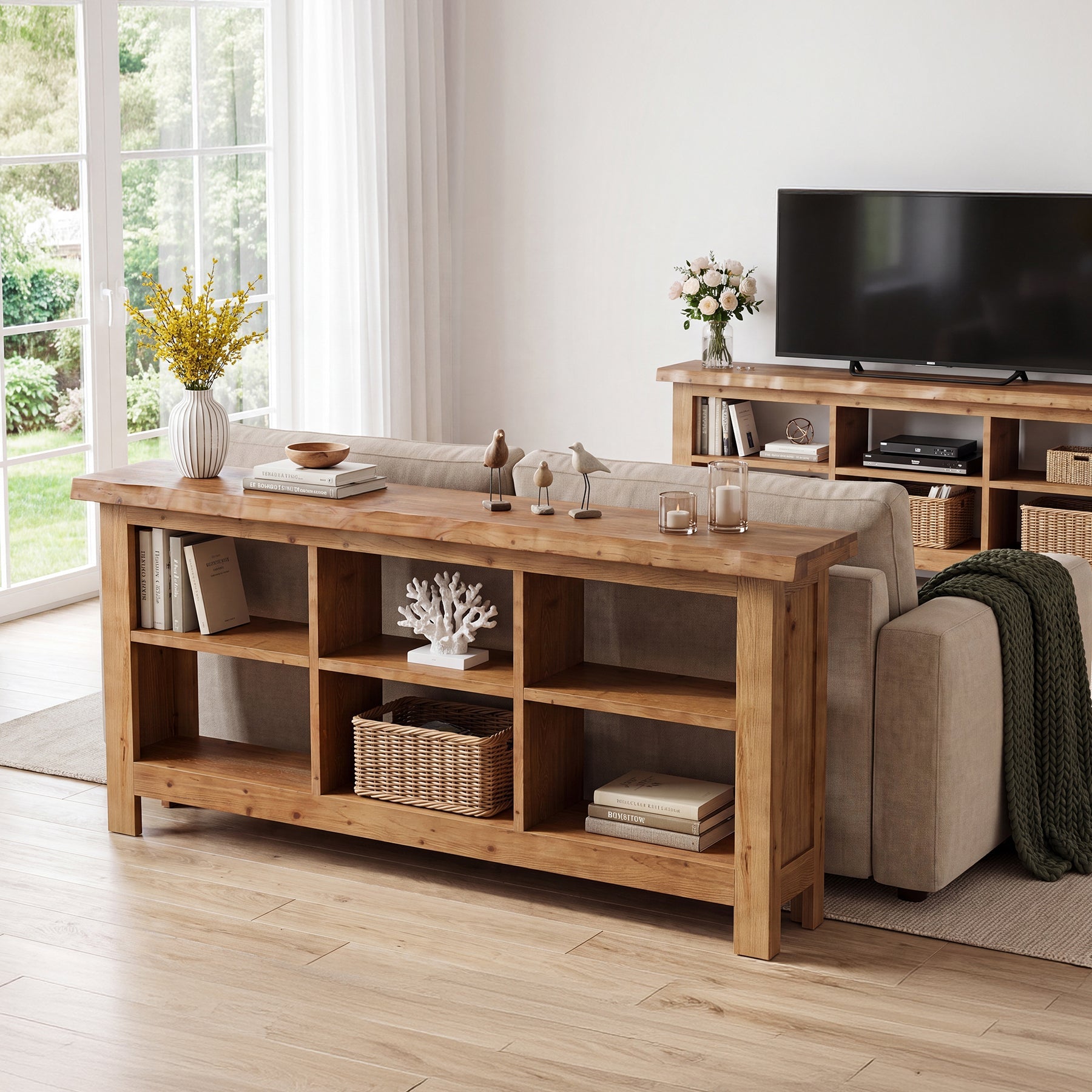 70.8" Long Console Table, 3-Tier Solid Wood Entryway Table with 6 Cubes Shelf
