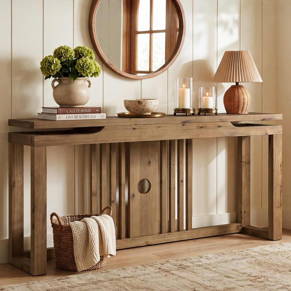 63" Solid Wood Console Table for Entryway, Farmhouse Sofa Table with Slatted Hollow Layered Design