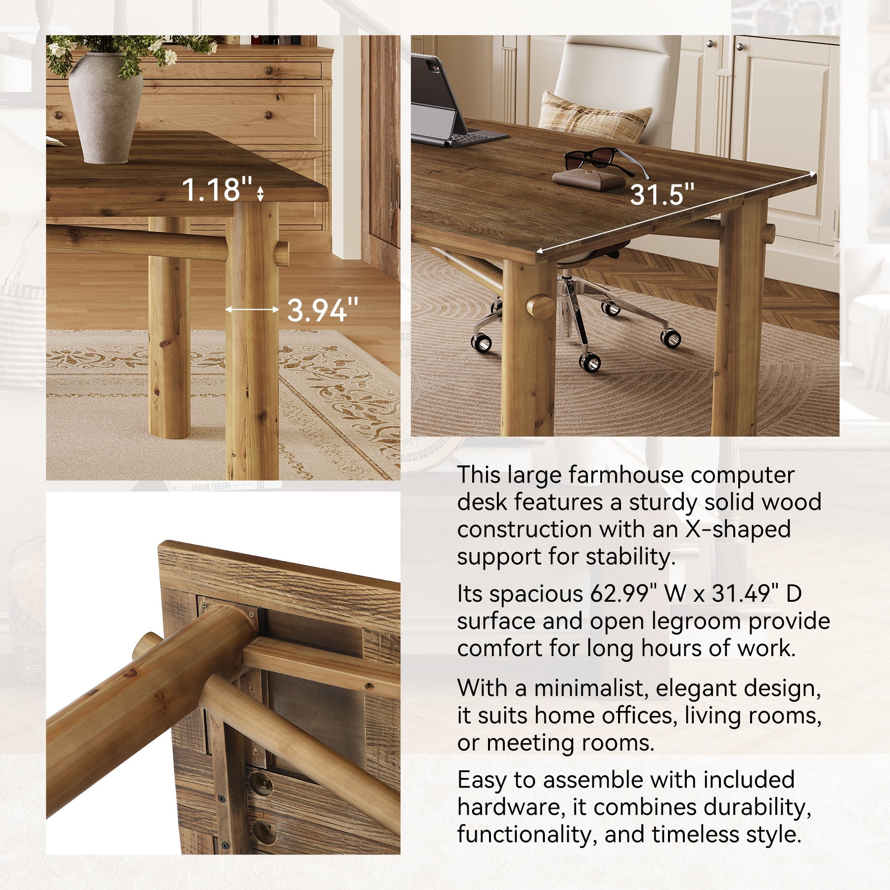 Solid Wood Home Office Desk, 62.99" Farmhouse Executive Computer Desk